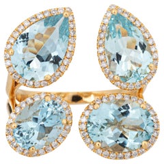 Aquamarine Diamond Mosaic Ring Estate 18k Yellow Gold Cocktail Jewelry