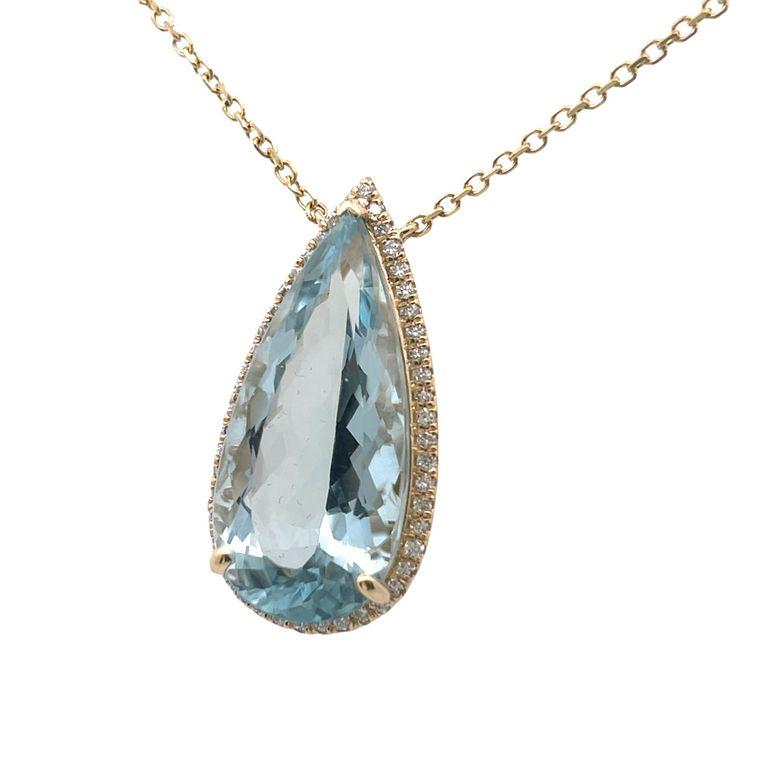 Modern Aquamarine Diamond Necklace 0.48CT AQ 22.06CT 14K YG For Sale