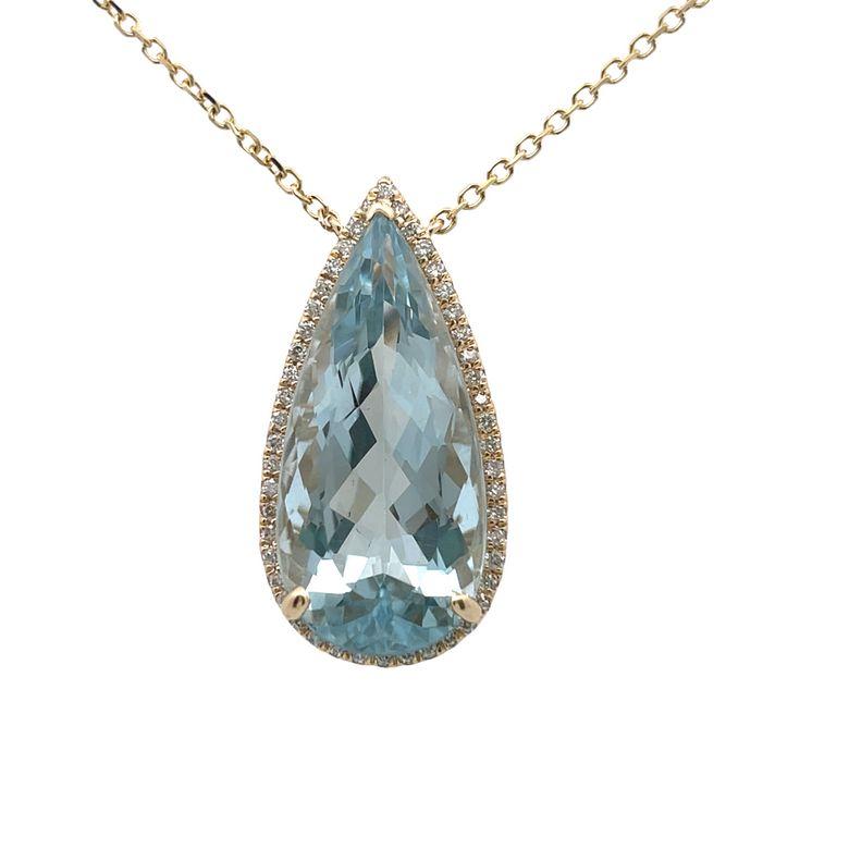Pear Cut Aquamarine Diamond Necklace 0.48CT AQ 22.06CT 14K YG For Sale