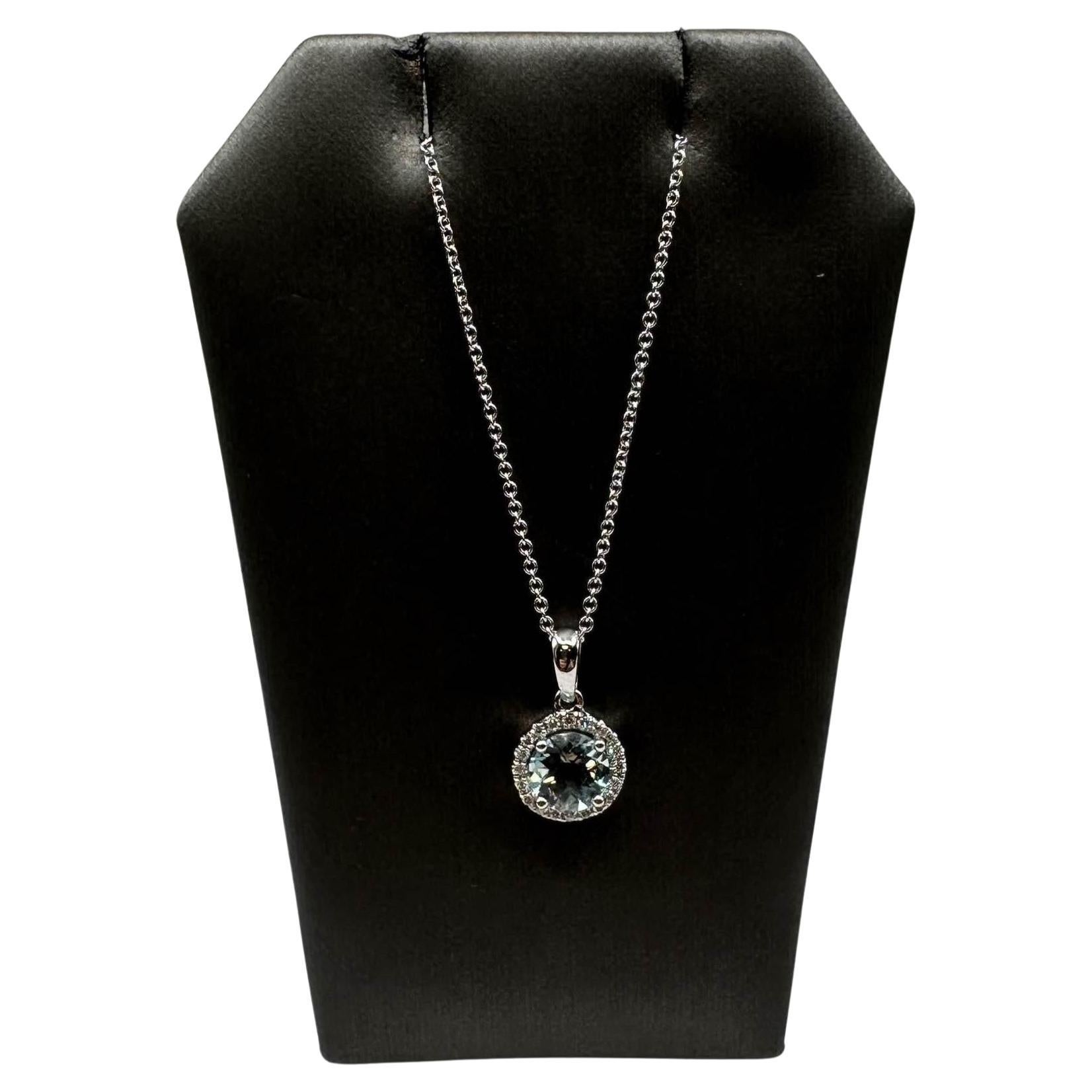 Aquamarine & Diamond Necklace in 14kt White Gold - 0.10ctw Diamonds, 18", New