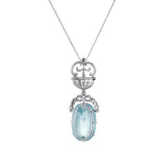 Aquamarine Diamond Necklace Vintage 14k White Gold Estate Fine Jewelry Fleur Lis