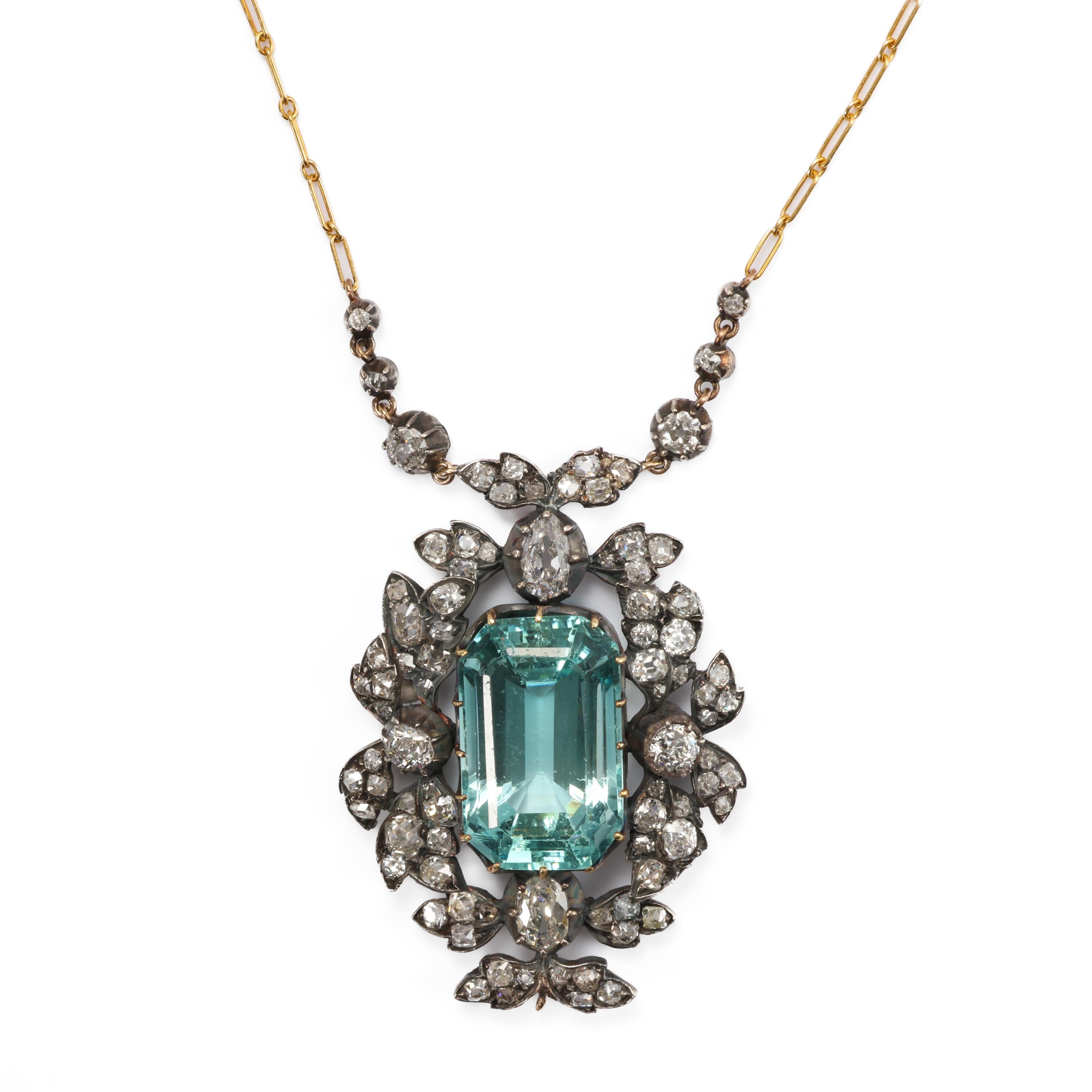Emerald Cut Aquamarine & Diamond Pendant 