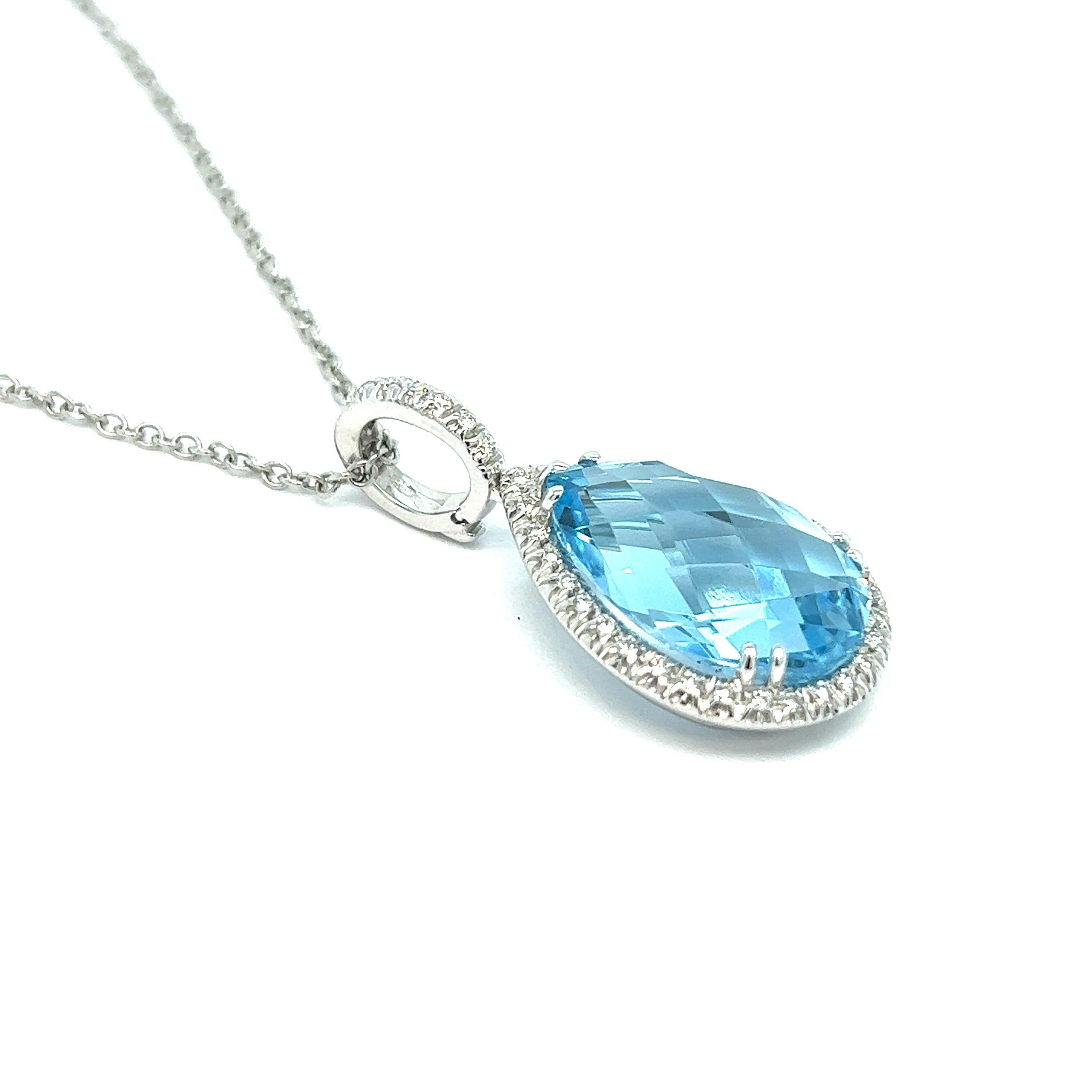 Aquamarine diamond pendant necklace, made in Italy

Pear shaped briolette-cut aquamarine of approximately 15 carats (12x18mm), round-cut diamonds of 1 carat, 18 karat white gold; chain marked 750

Size: pendant width 0.63 inch, length 1.25 inches;