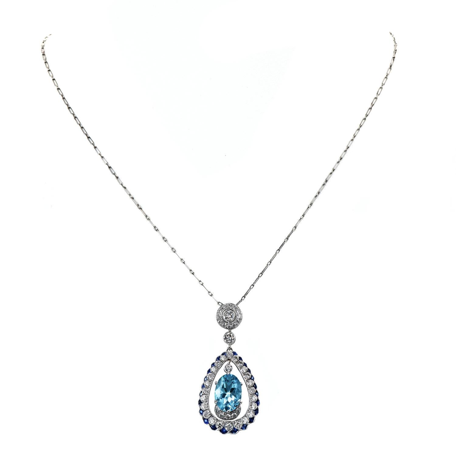 Dazzel Yourself with this outstanding aquamarine Necklace.

This Aquamarine Necklace is a vivid representation of romance, peace, and elegance that only contrast between blue Aquamarines & withe sparkly diamonds can bring.

Centered by an Oval