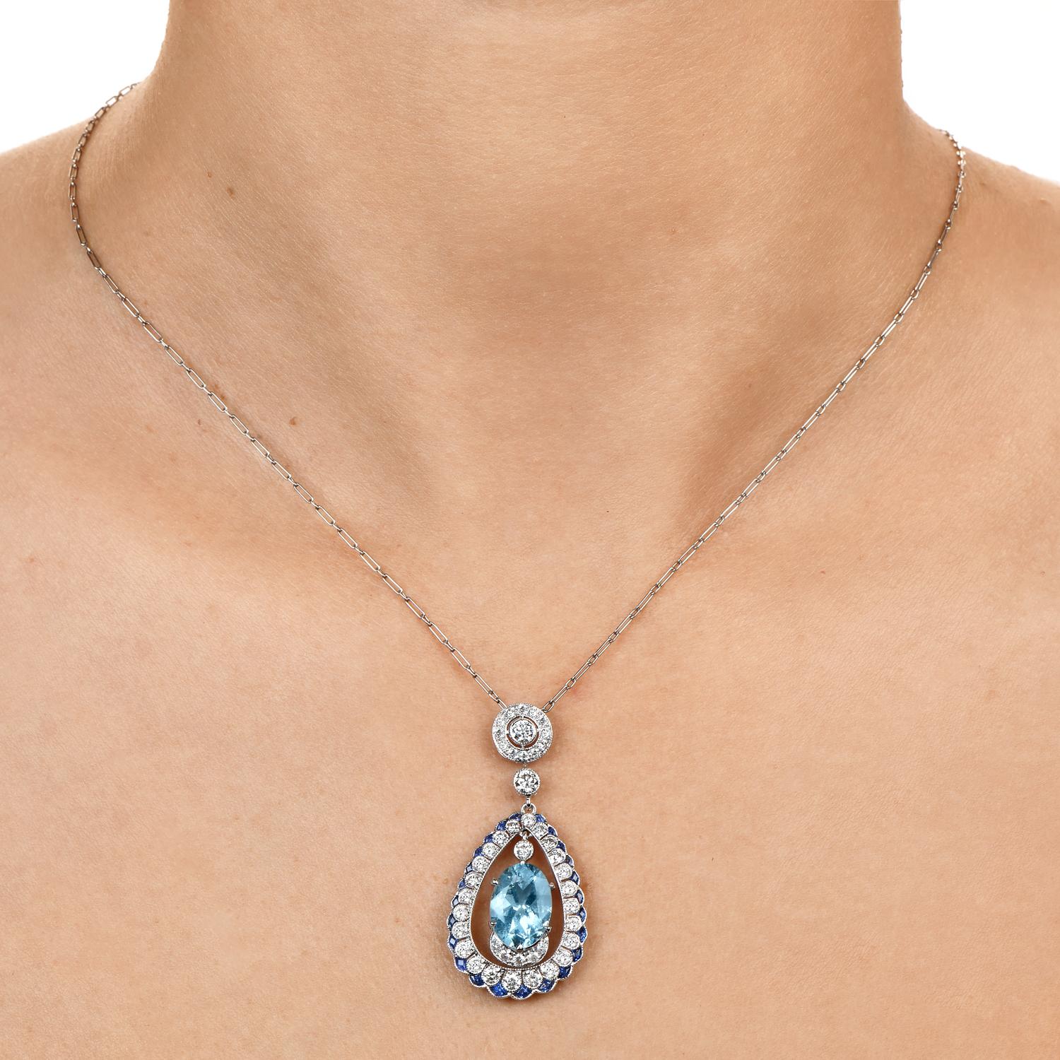 Art Deco Aquamarine Diamond Pendant Sapphire 18k White Gold Drop Chain Necklace