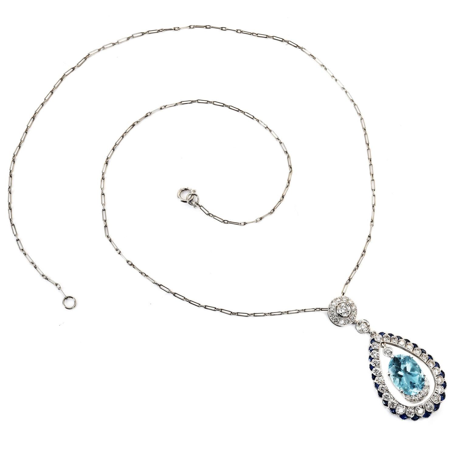 Oval Cut Aquamarine Diamond Pendant Sapphire 18k White Gold Drop Chain Necklace