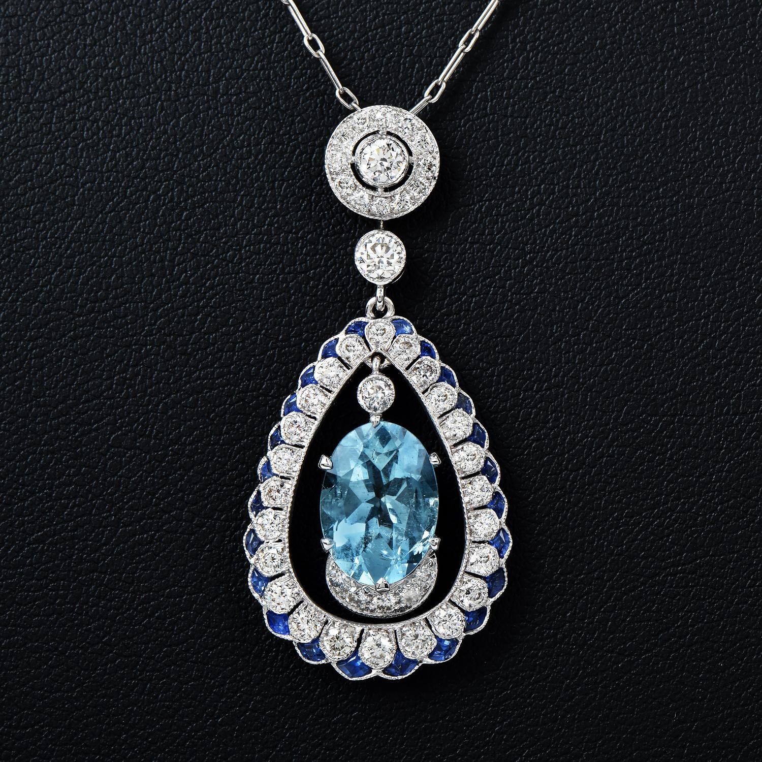 Women's Aquamarine Diamond Pendant Sapphire 18k White Gold Drop Chain Necklace