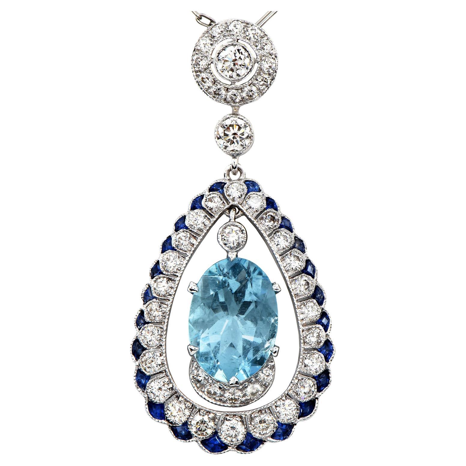 Aquamarine Diamond Pendant Sapphire 18k White Gold Drop Chain Necklace