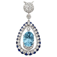 Colgante Aguamarina Diamante Zafiro Collar Cadena Gota Oro Blanco 18k