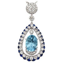 Aquamarine Diamond Pendant Sapphire 18k White Gold Drop Chain Necklace