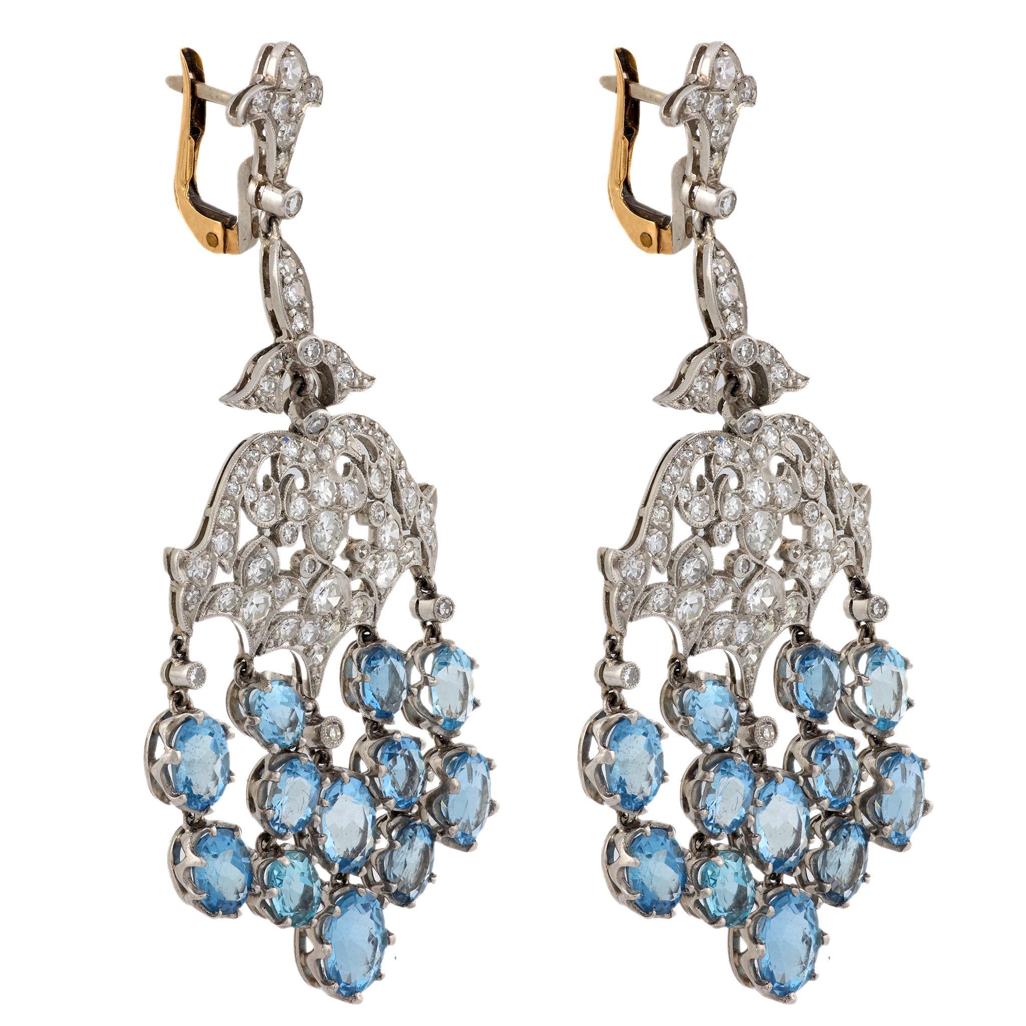 Pendientes araña aguamarina diamante platino y oro amarillo 18k Moderno en venta