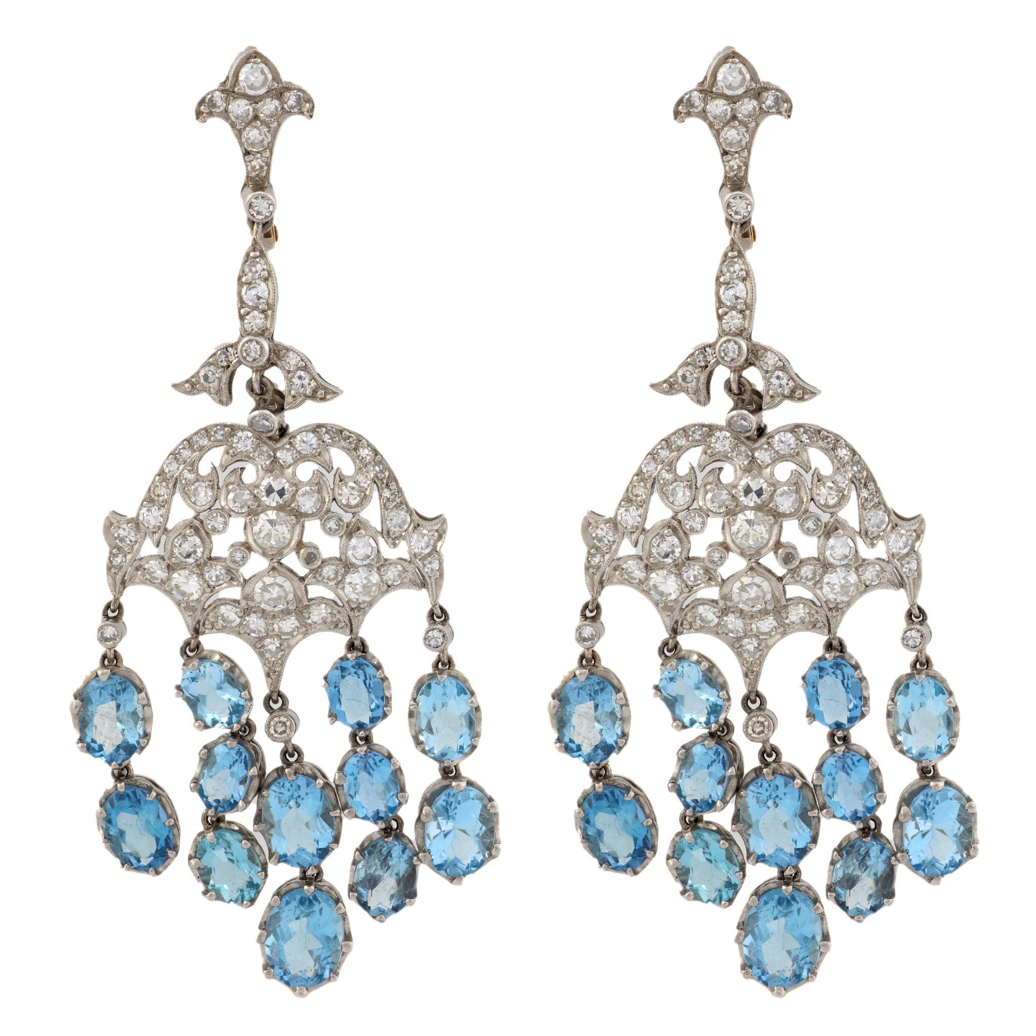 Boucles d'oreilles chandelier aigue-marine diamant platine et or jaune 18k