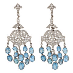 Boucles d'oreilles chandelier aigue-marine diamant platine et or jaune 18k