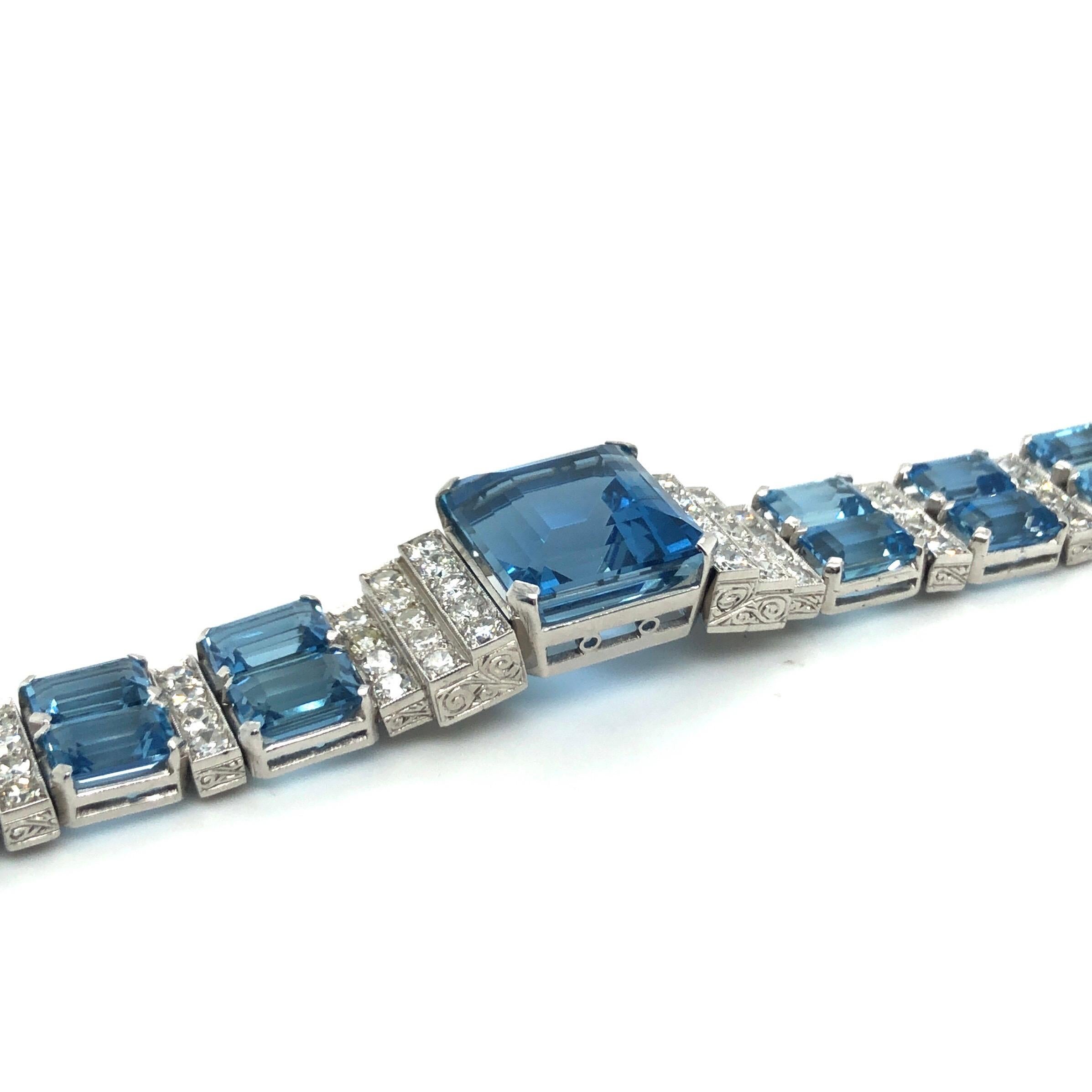 Emerald Cut Aquamarine Diamond Platinum Art Deco Bracelet, 1920s