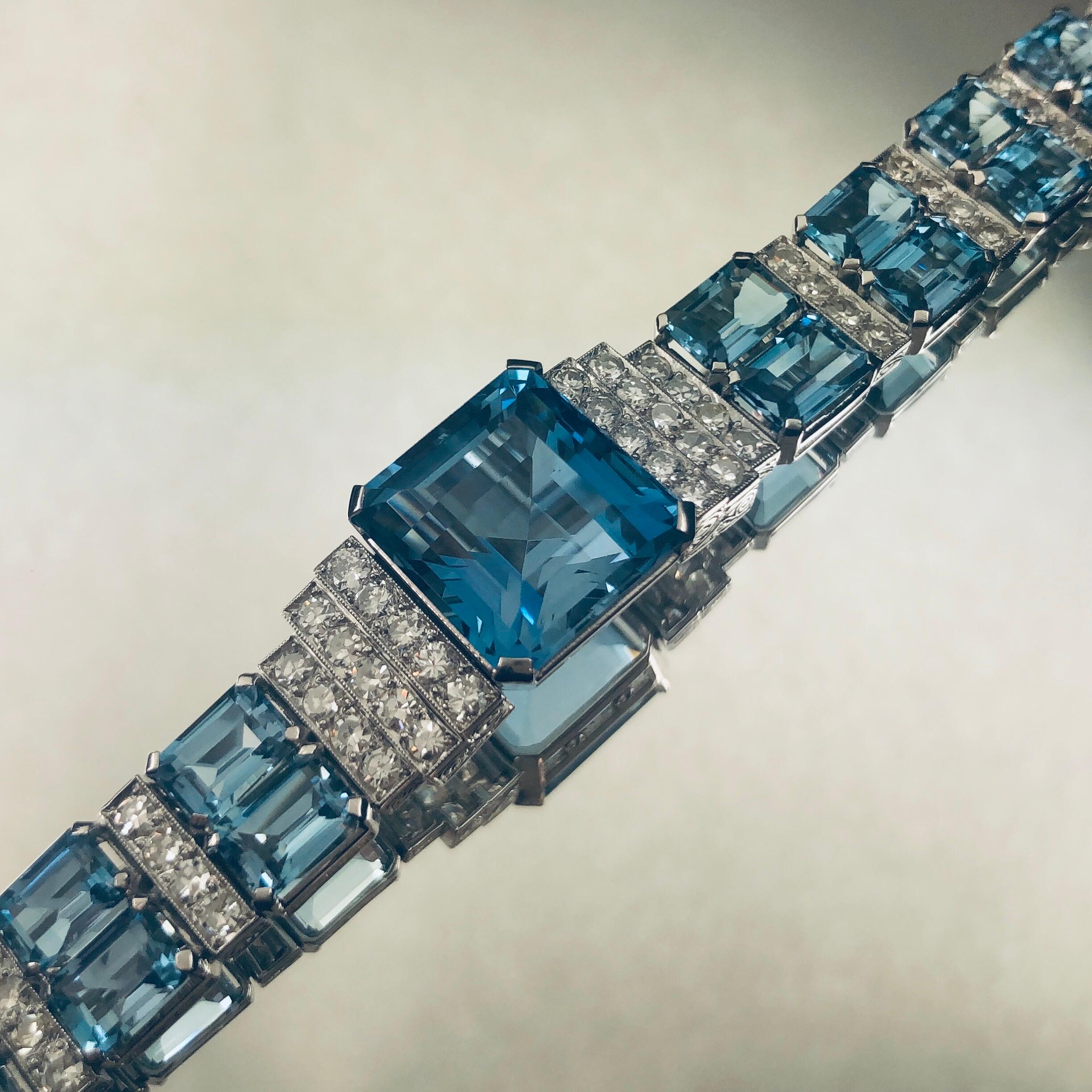 Aquamarine Diamond Platinum Art Deco Bracelet, 1920s 4