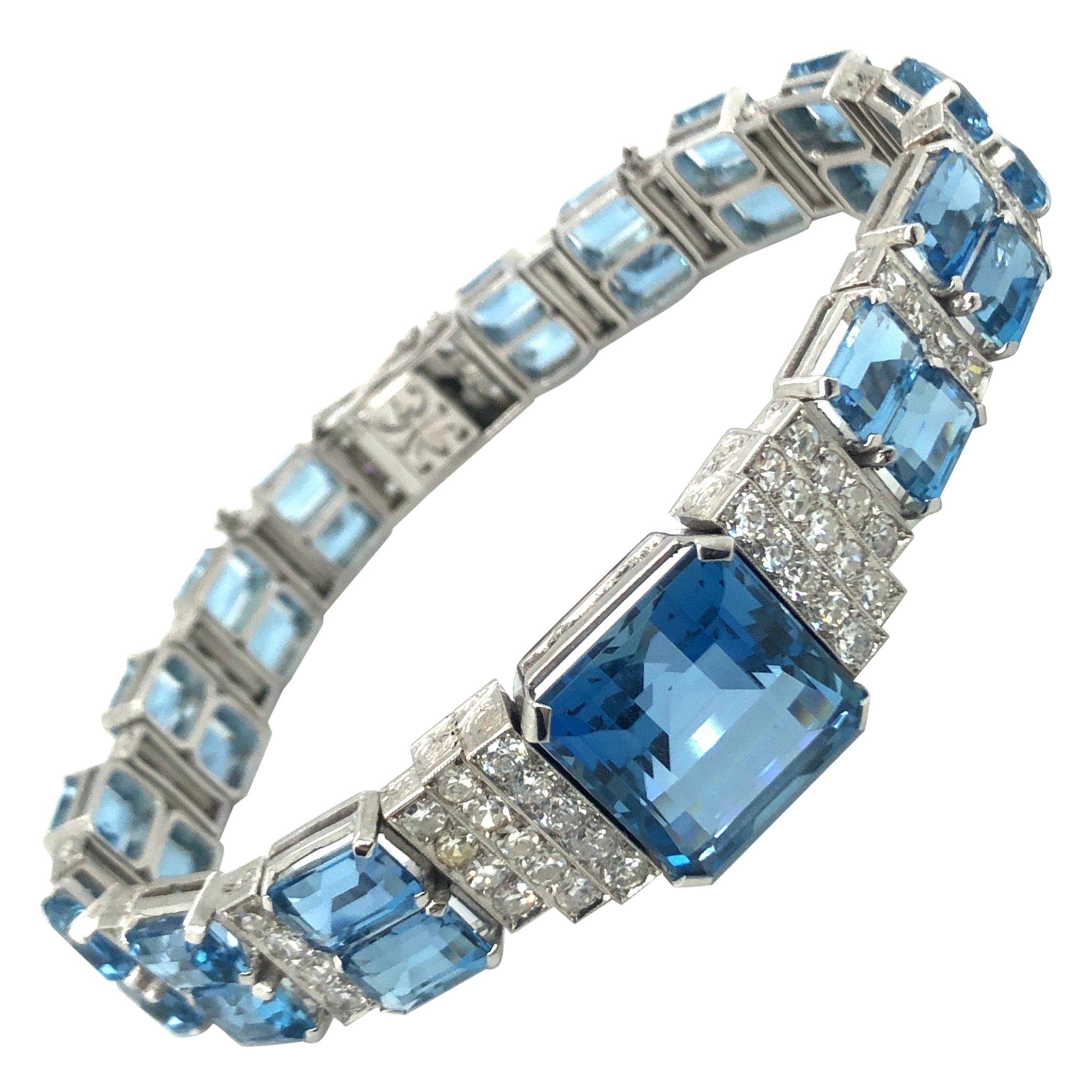 Aquamarine Diamond Platinum Art Deco Bracelet, 1920s