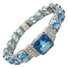 Antique Aquamarine Diamond Platinum Art Deco Bracelet, 1920s