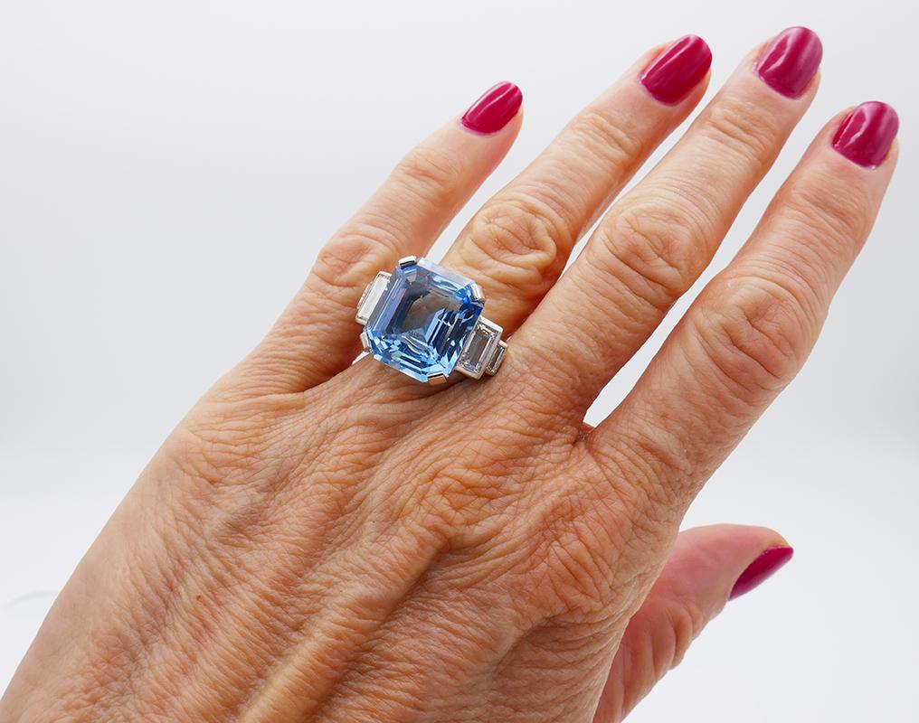 Aquamarine Diamond Platinum Cocktail Ring, Art Deco Revival 6