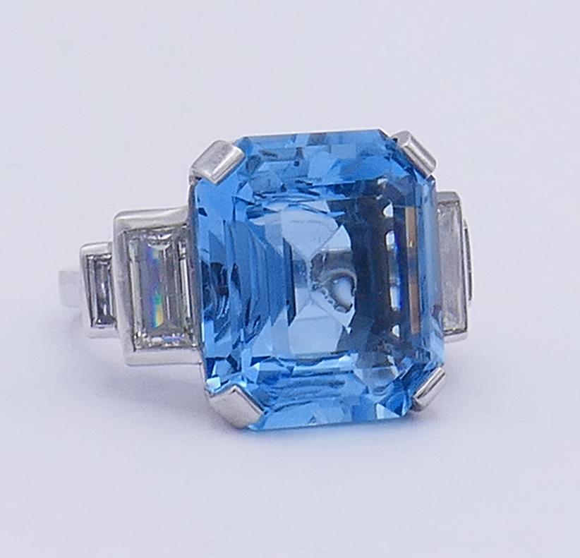 Aquamarine Diamond Platinum Cocktail Ring, Art Deco Revival 7