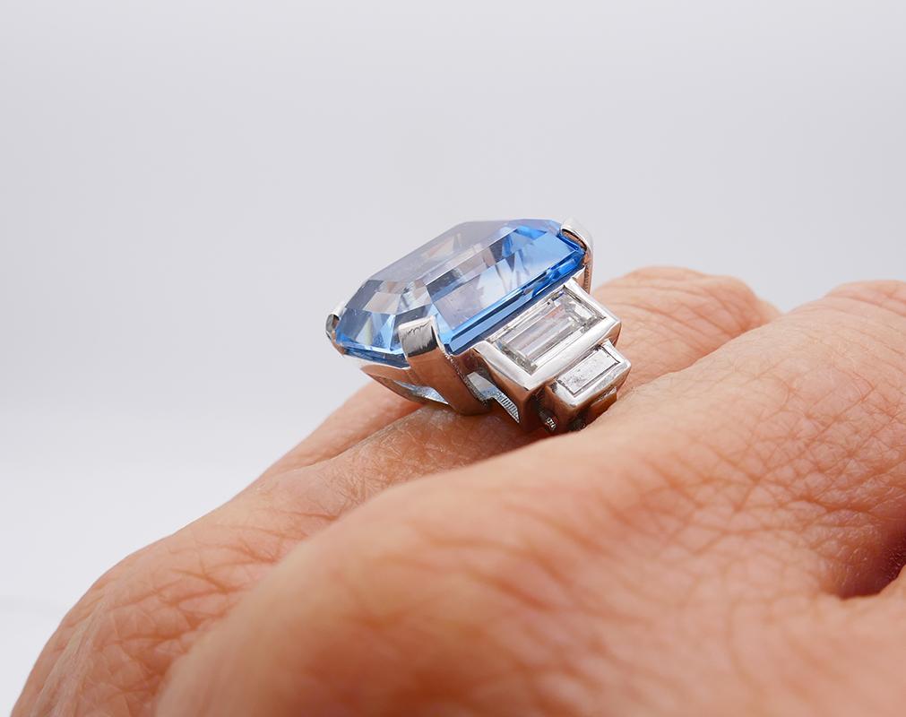 Women's Aquamarine Diamond Platinum Cocktail Ring, Art Deco Revival