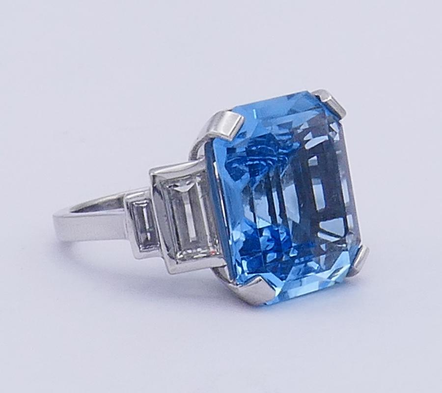 Aquamarine Diamond Platinum Cocktail Ring, Art Deco Revival 1