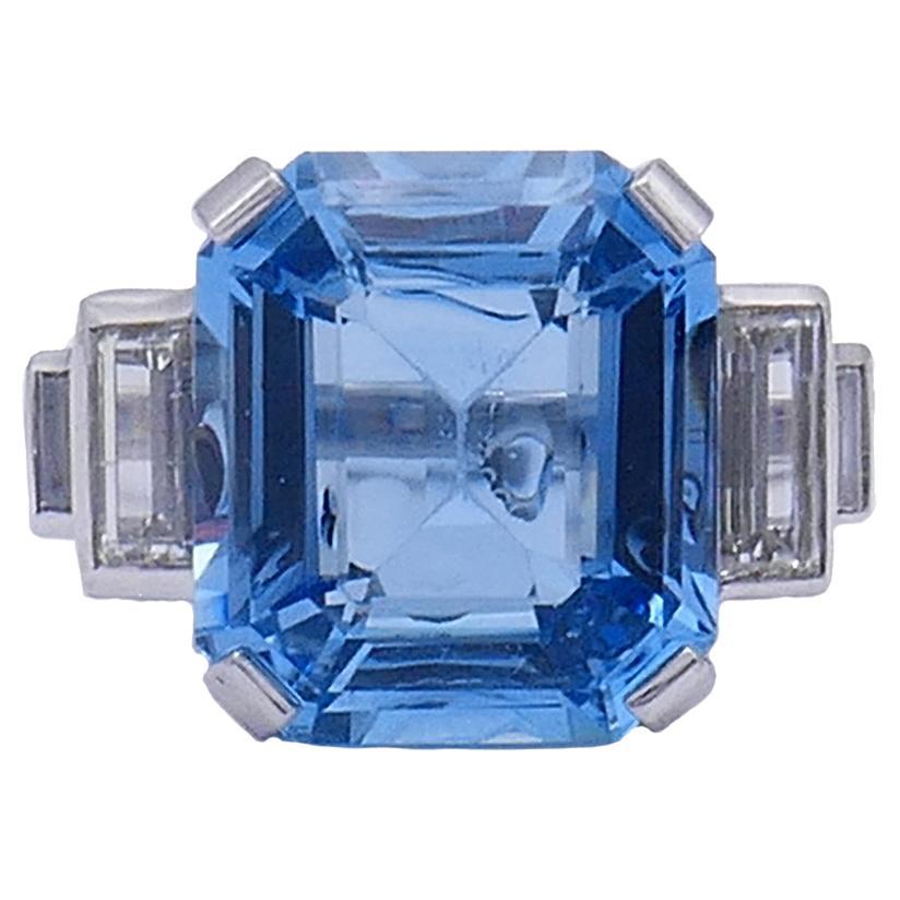 Aquamarine Diamond Platinum Cocktail Ring, Art Deco Revival