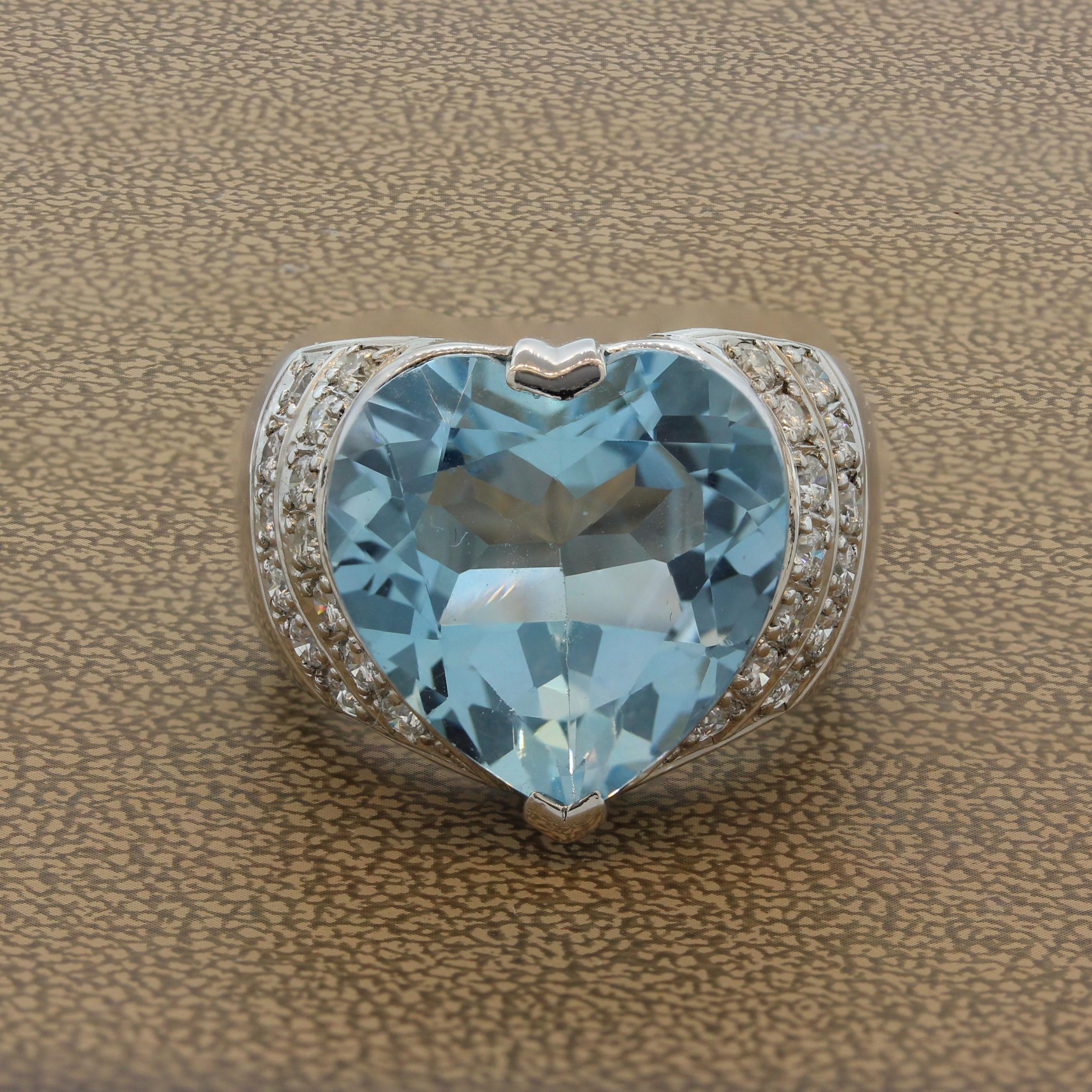 I’m in love! A romantic 17.20 carat heart shape blue topaz is the feature of this luminous ring. Set in platinum with 0.89 carats of round cut diamonds, this ring has sparkle all around.

Ring Size 7.75 (Sizable)
