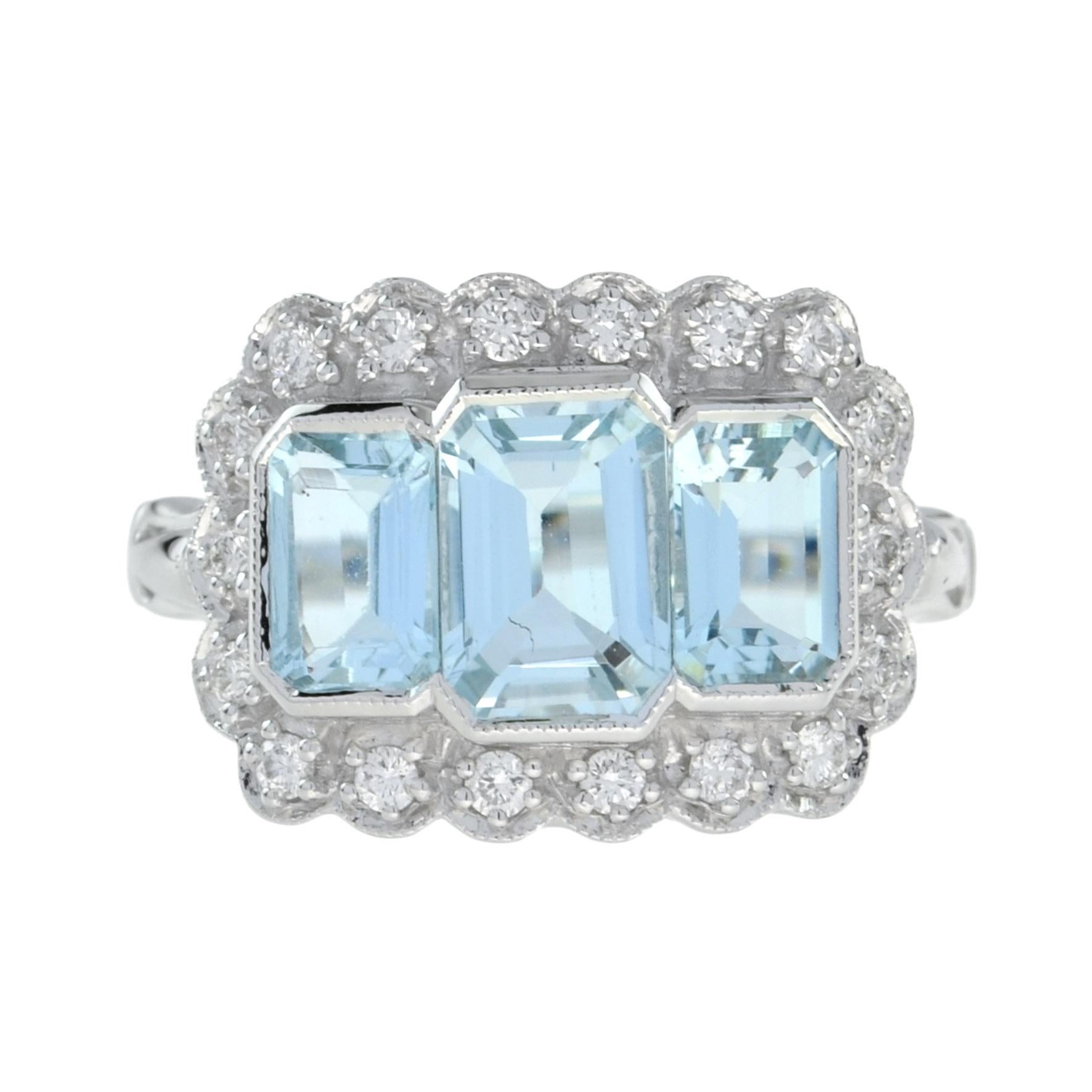 For Sale:  Emerald Cut Aquamarine and Diamond Three Stone Ring in Platinum950 2
