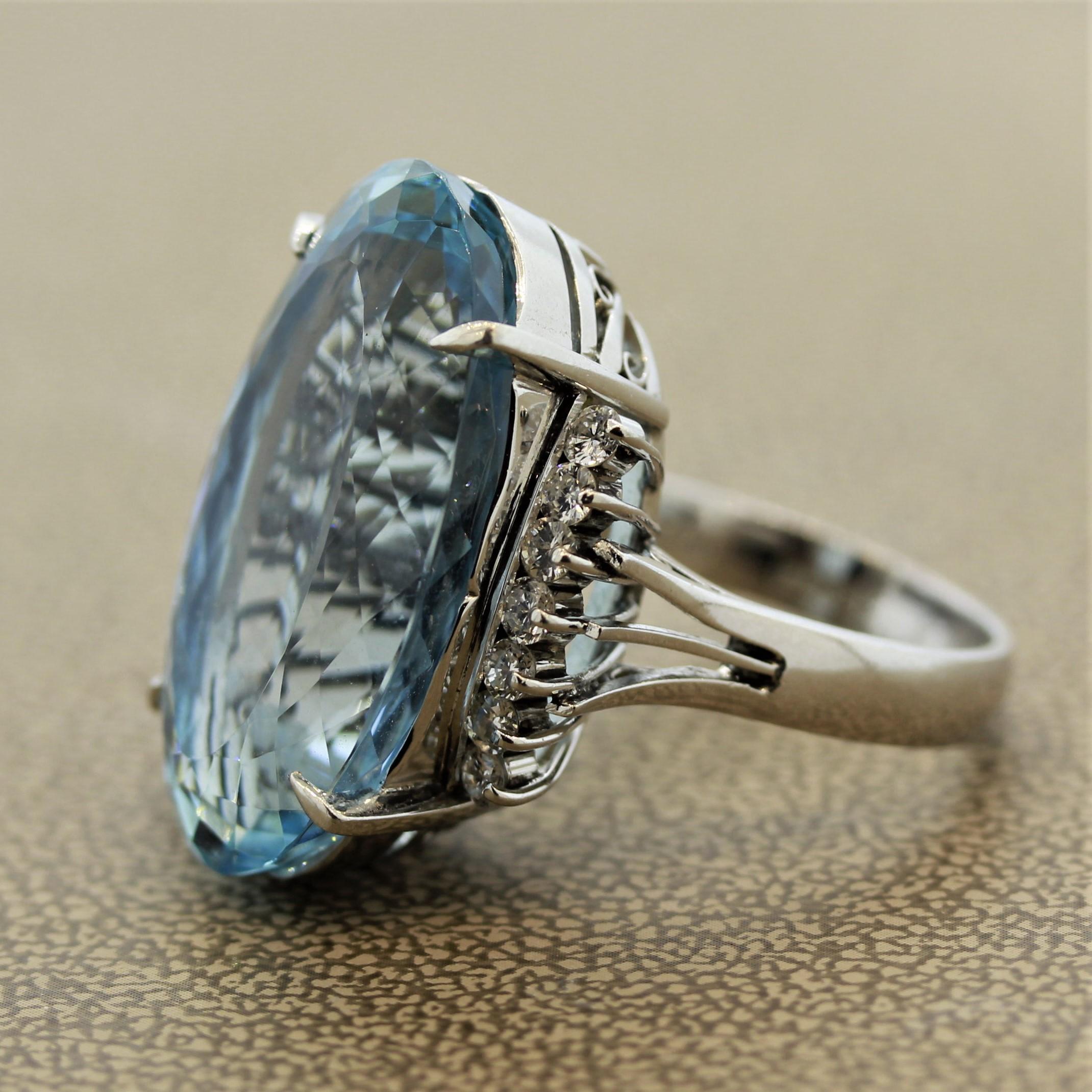 Oval Cut Aquamarine Diamond Platinum Cocktail Ring For Sale