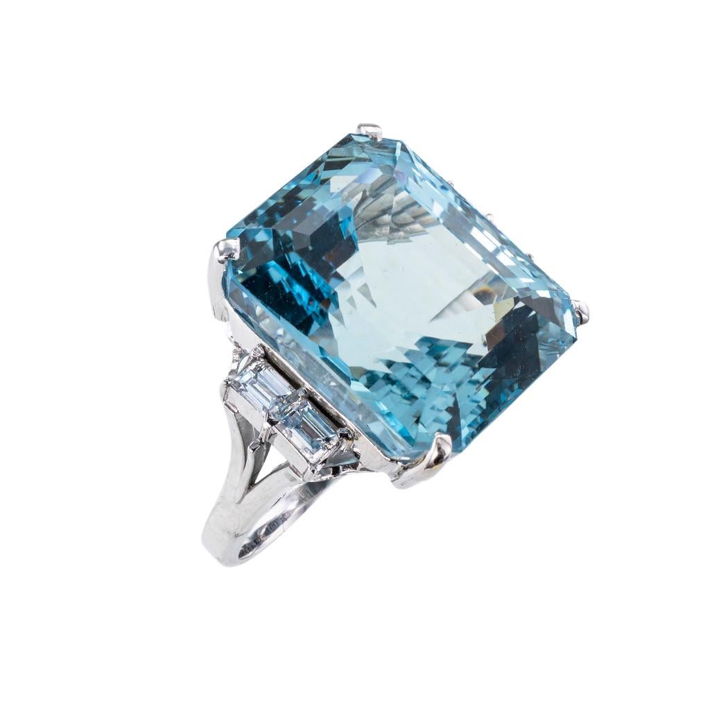 Emerald Cut Aquamarine Diamond Platinum Cocktail Ring