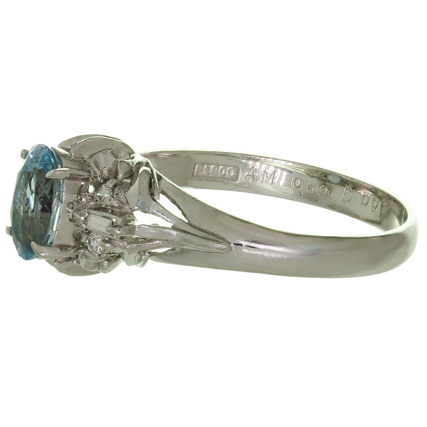 Aquamarine Diamond Platinum Cocktail Ring For Sale 1