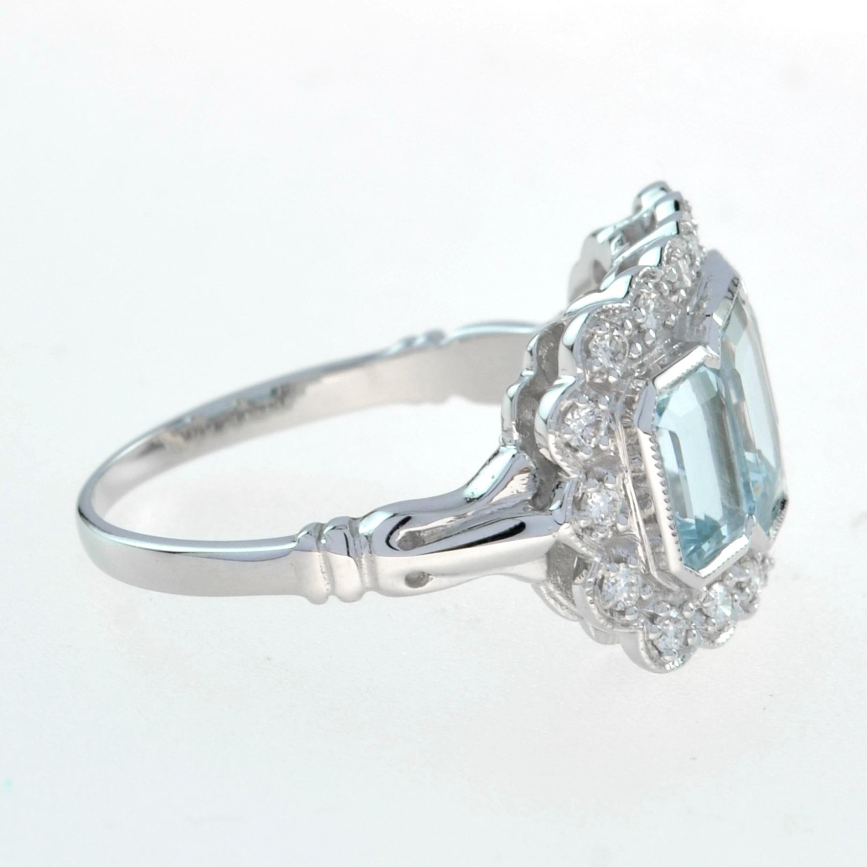 For Sale:  Emerald Cut Aquamarine and Diamond Three Stone Ring in Platinum950 3