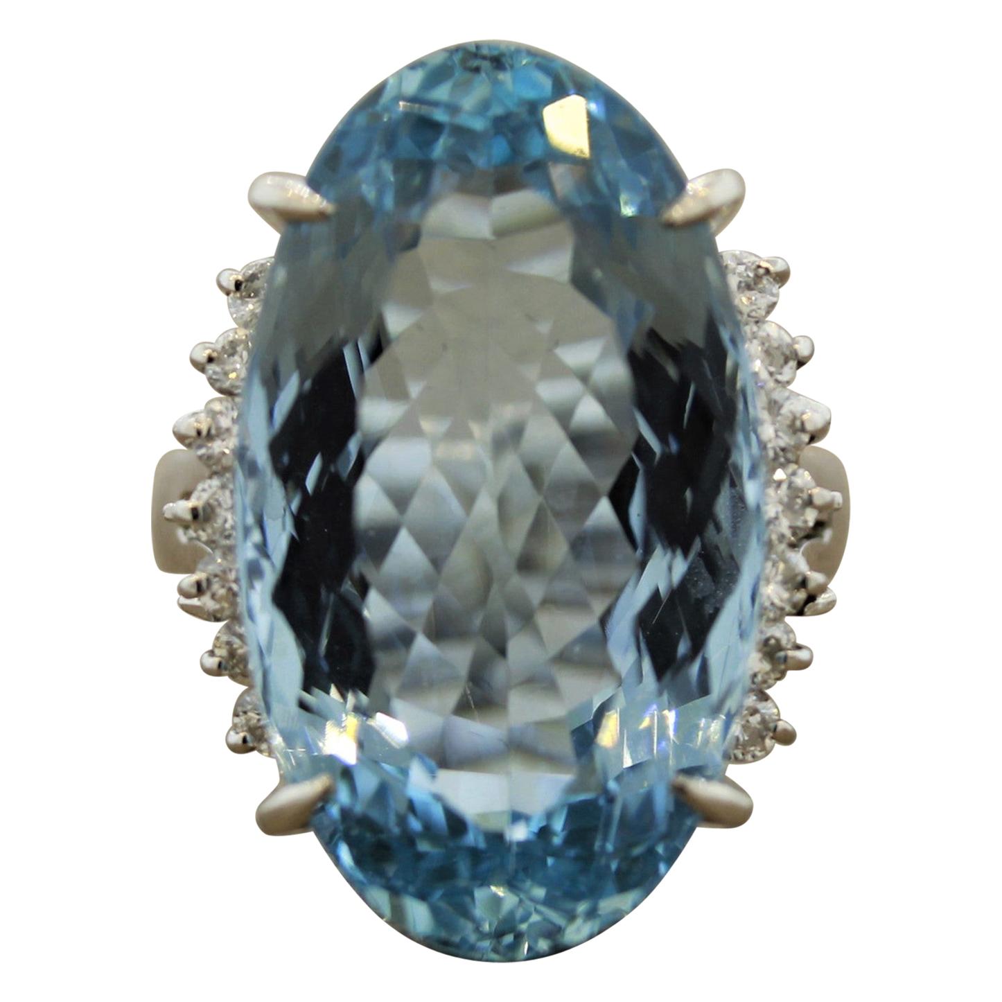 Aquamarine Diamond Platinum Cocktail Ring For Sale