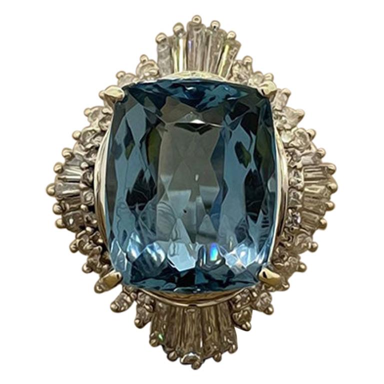 Aquamarine Diamond Platinum Cocktail Ring For Sale