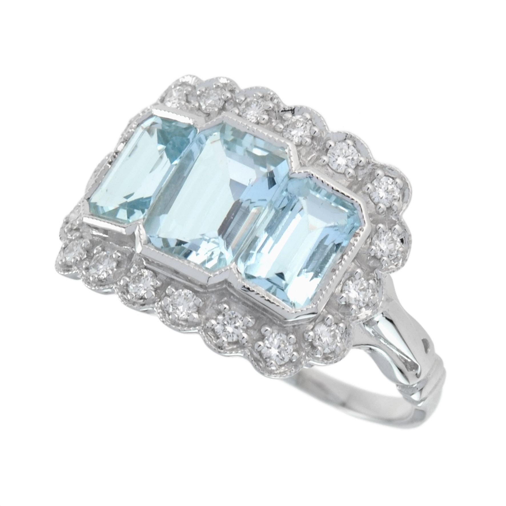 14K White Gold Over 7.58Ct Emerald Cut Aquamarine Diamond Wedding Ring 