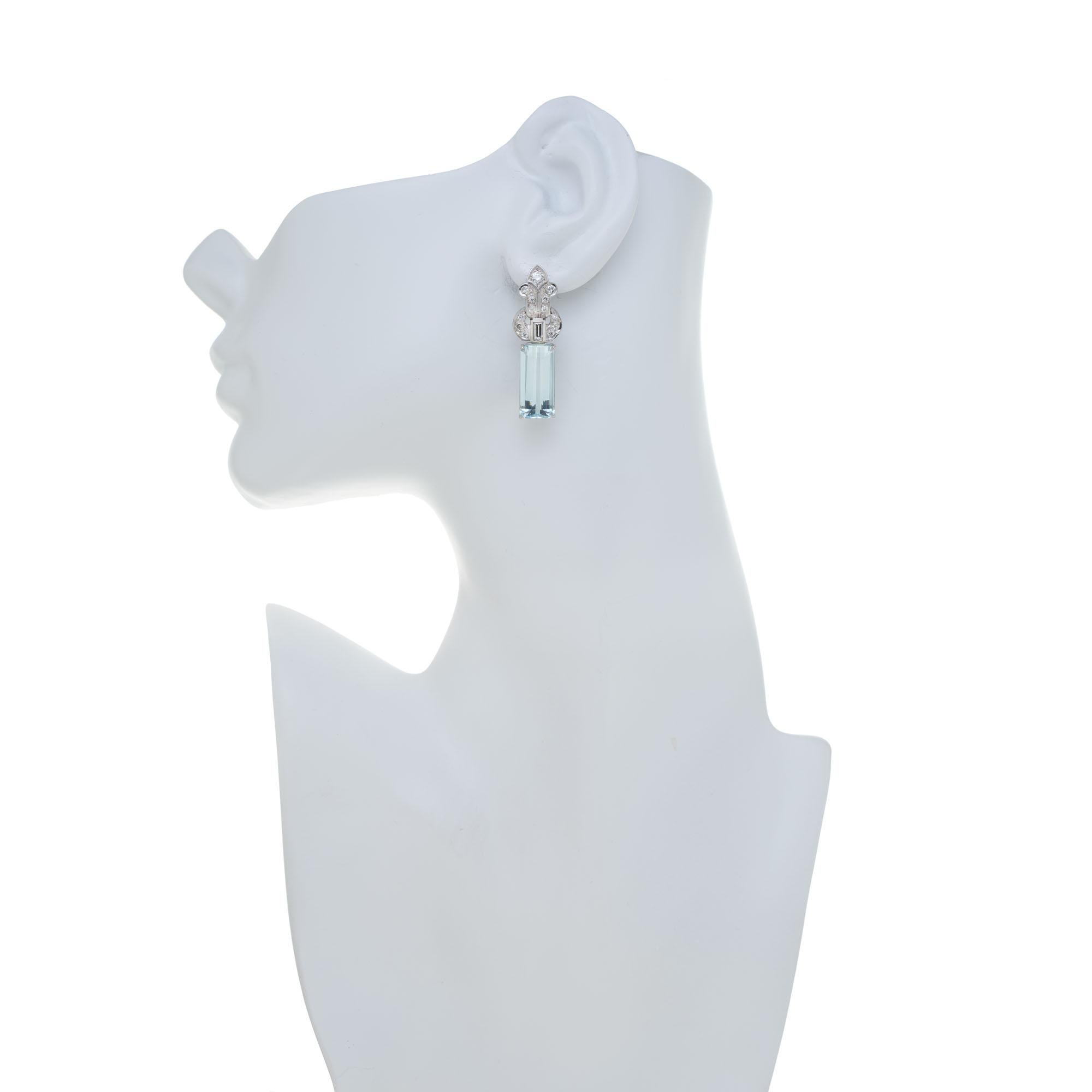 Revival Aquamarine Diamond Platinum Dangle Earrings Circa 1940's For Sale