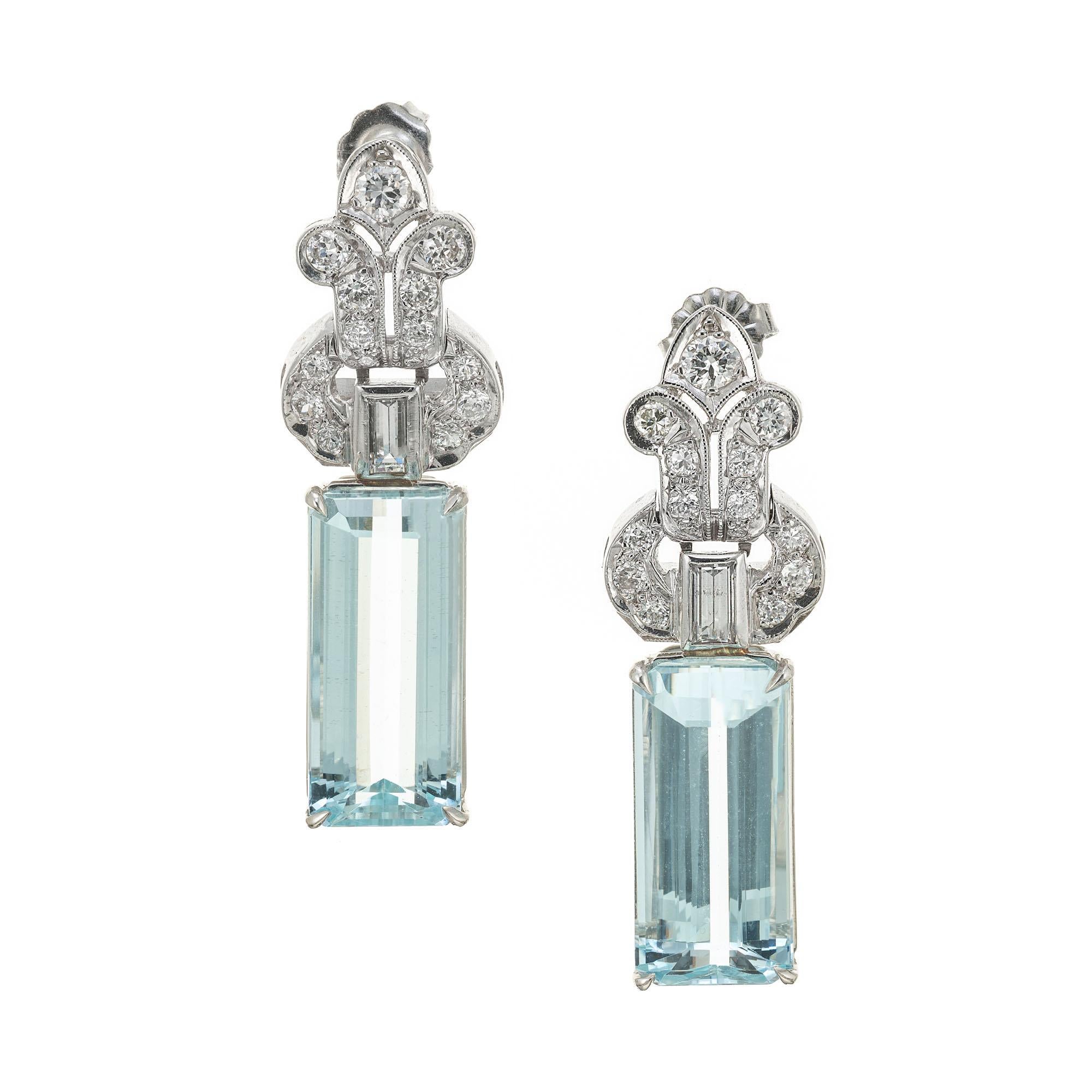 Aquamarine Diamond Platinum Dangle Earrings Circa 1940's For Sale