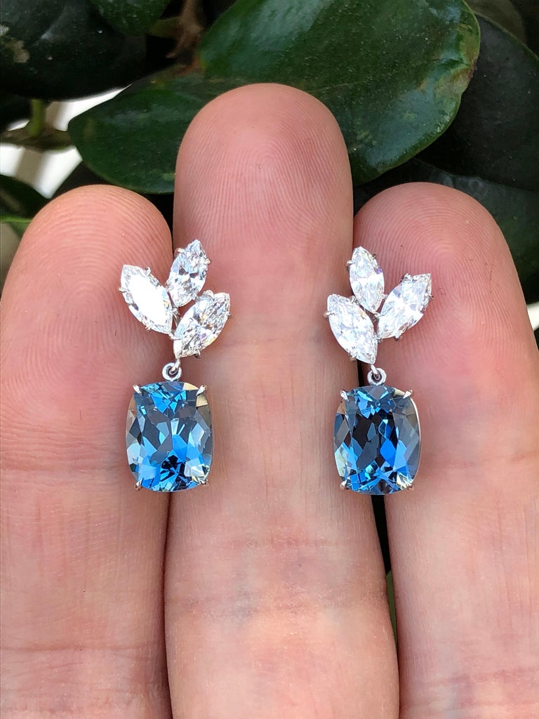 Aquamarine Diamond Platinum Drop Earrings at 1stDibs