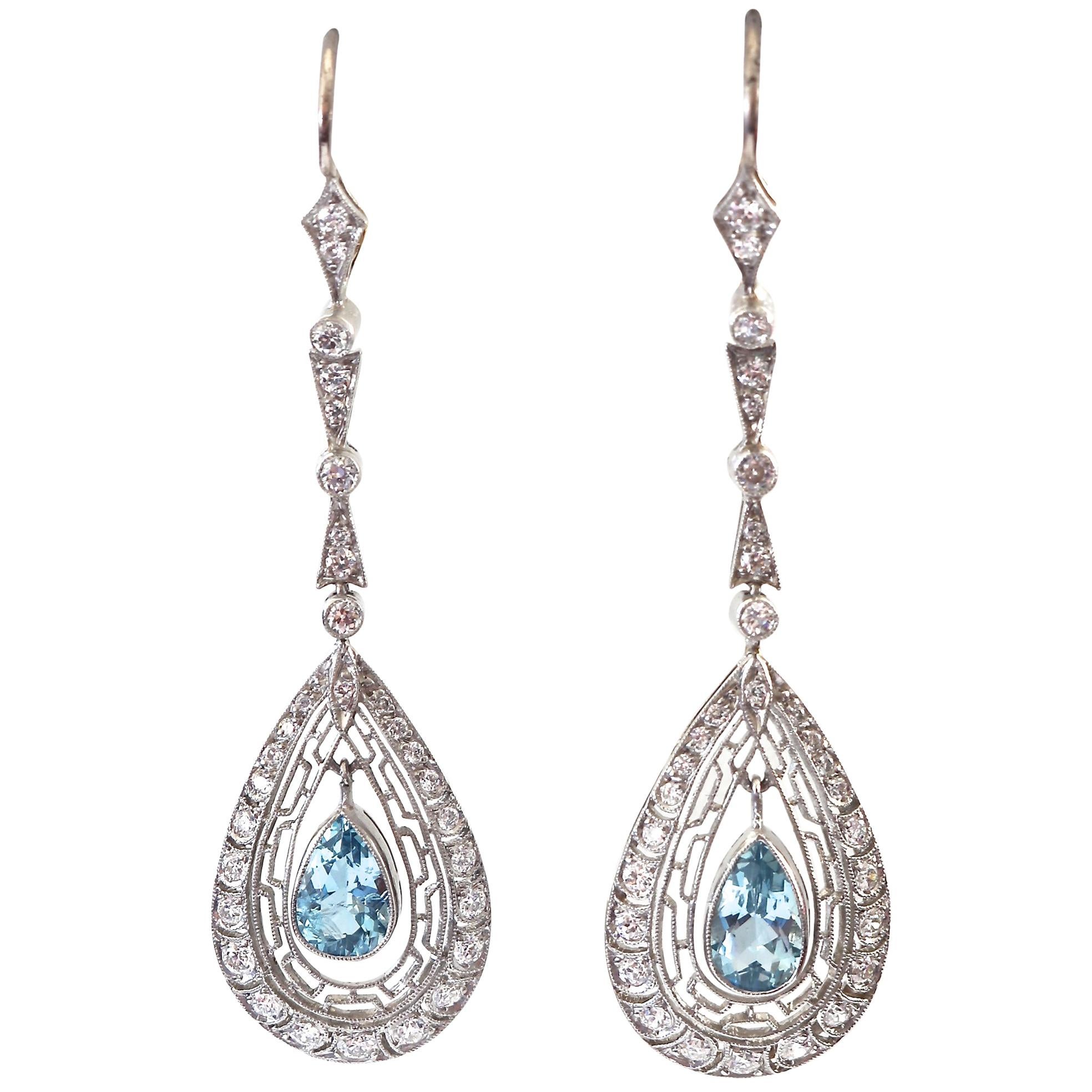 Aquamarine Diamond Platinum Earrings
