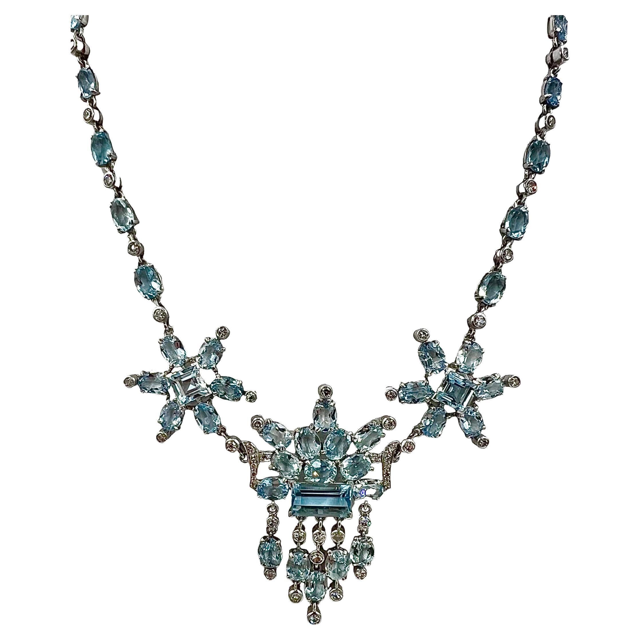 Aquamarine Diamond Platinum Fringe Necklace Circa 1950s