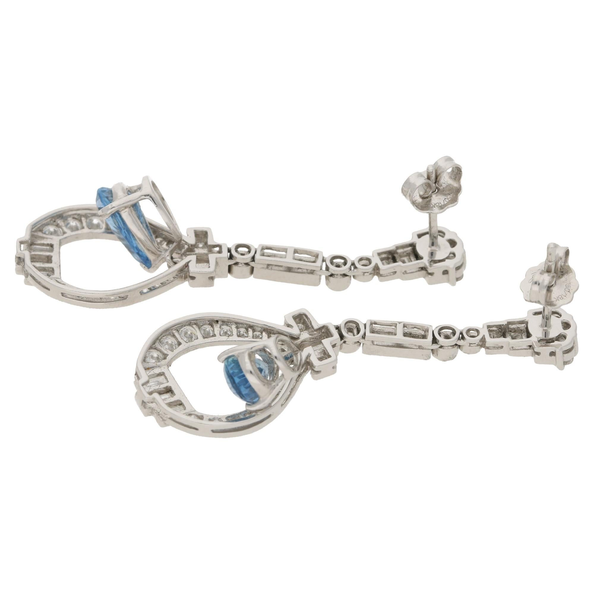 Art Deco Aquamarine Diamond Platinum Long Drop Earrings