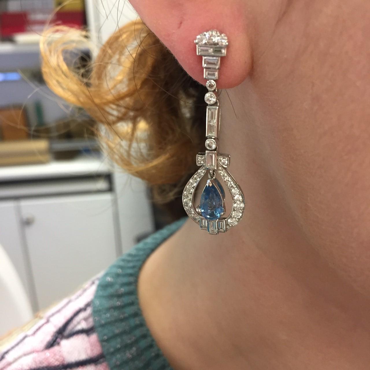 Women's or Men's Aquamarine Diamond Platinum Long Drop Earrings