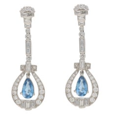 Aquamarine Diamond Platinum Long Drop Earrings