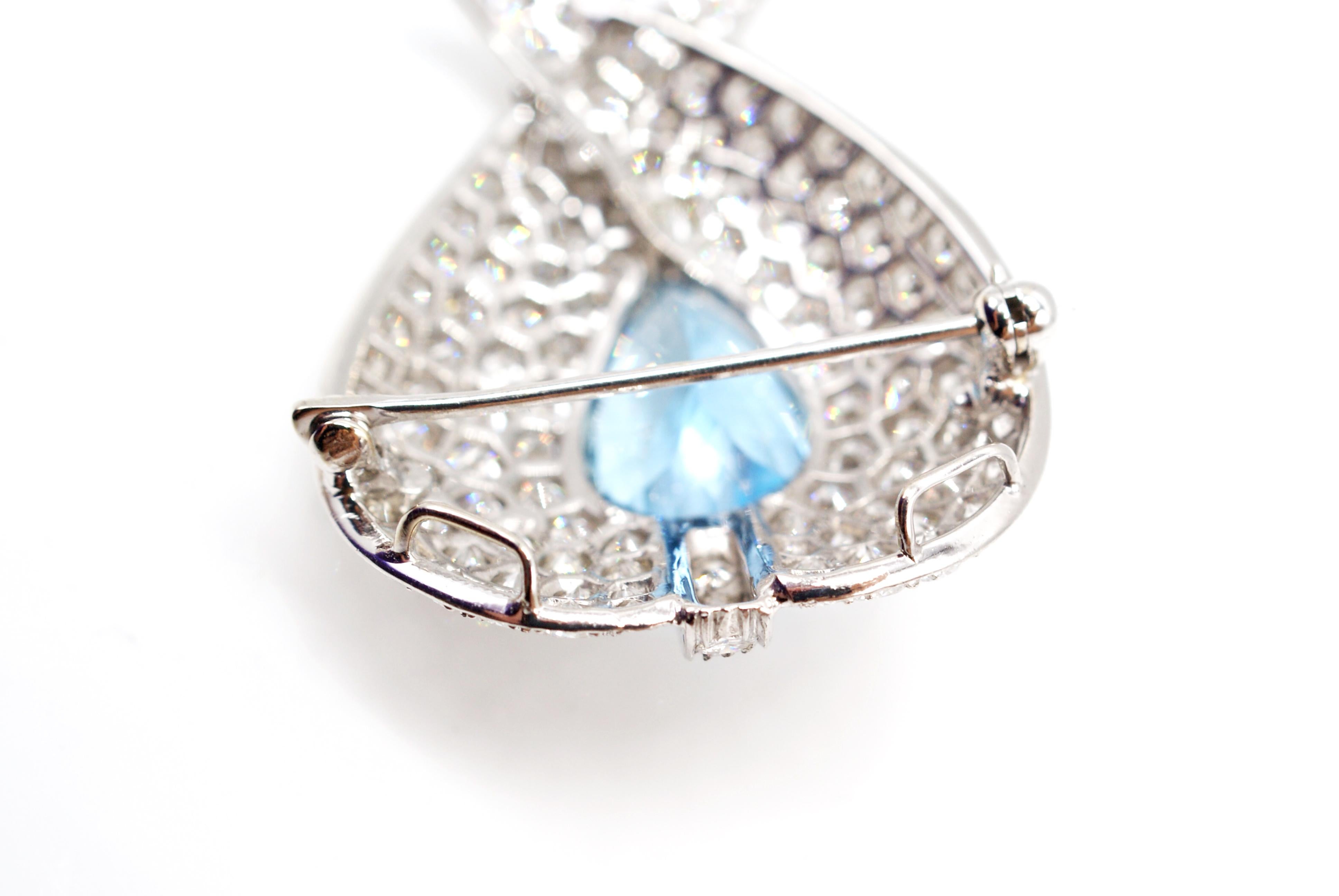 Mixed Cut Aquamarine Diamond Platinum Pendant Brooch