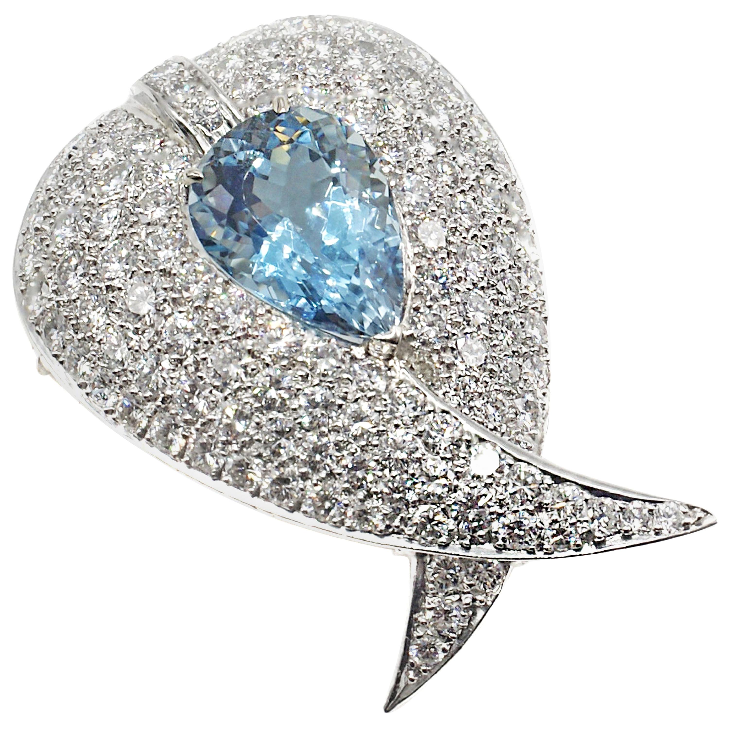 Broche pendentif aigue-marine, diamant et platine