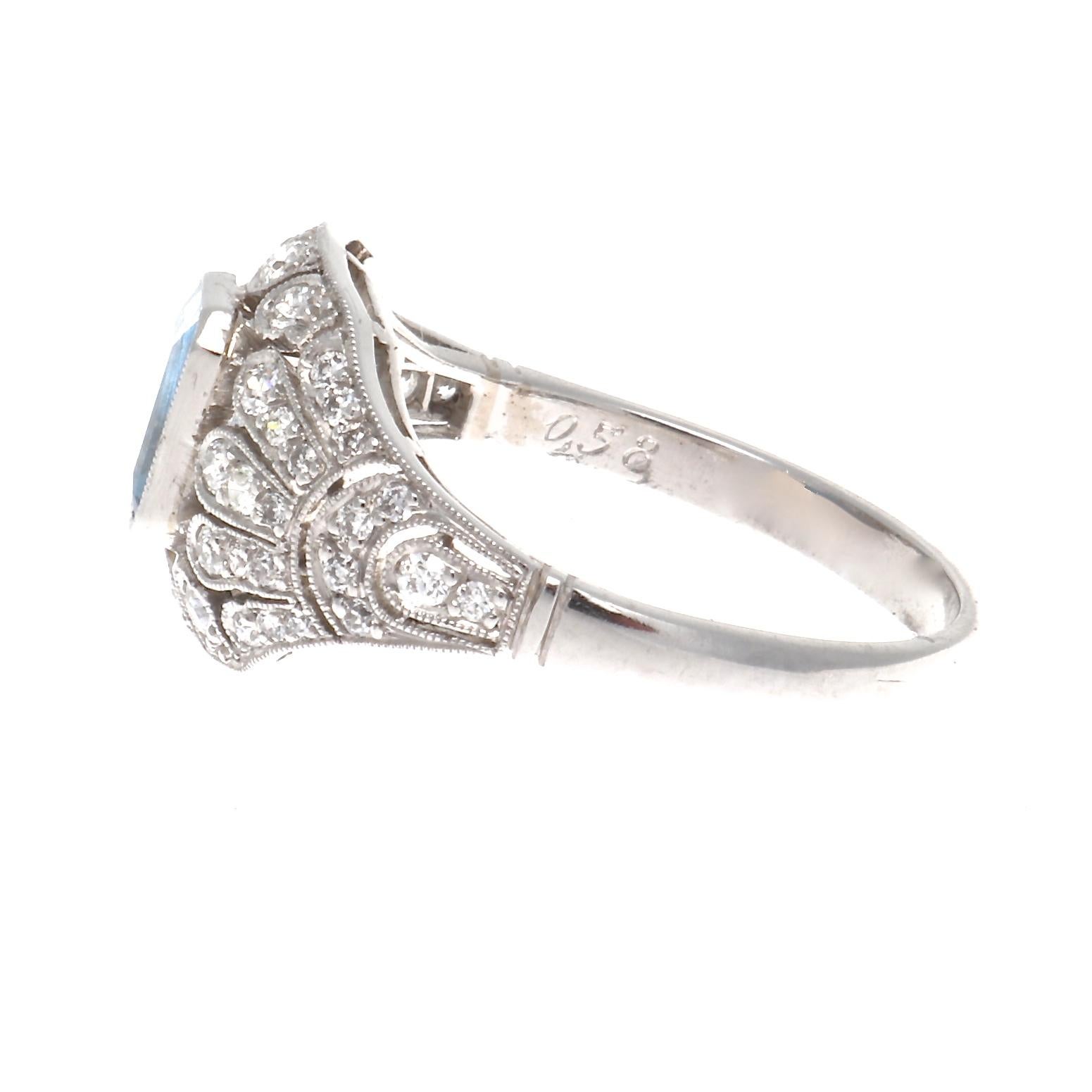 Art Deco Aquamarine Diamond Platinum Ring