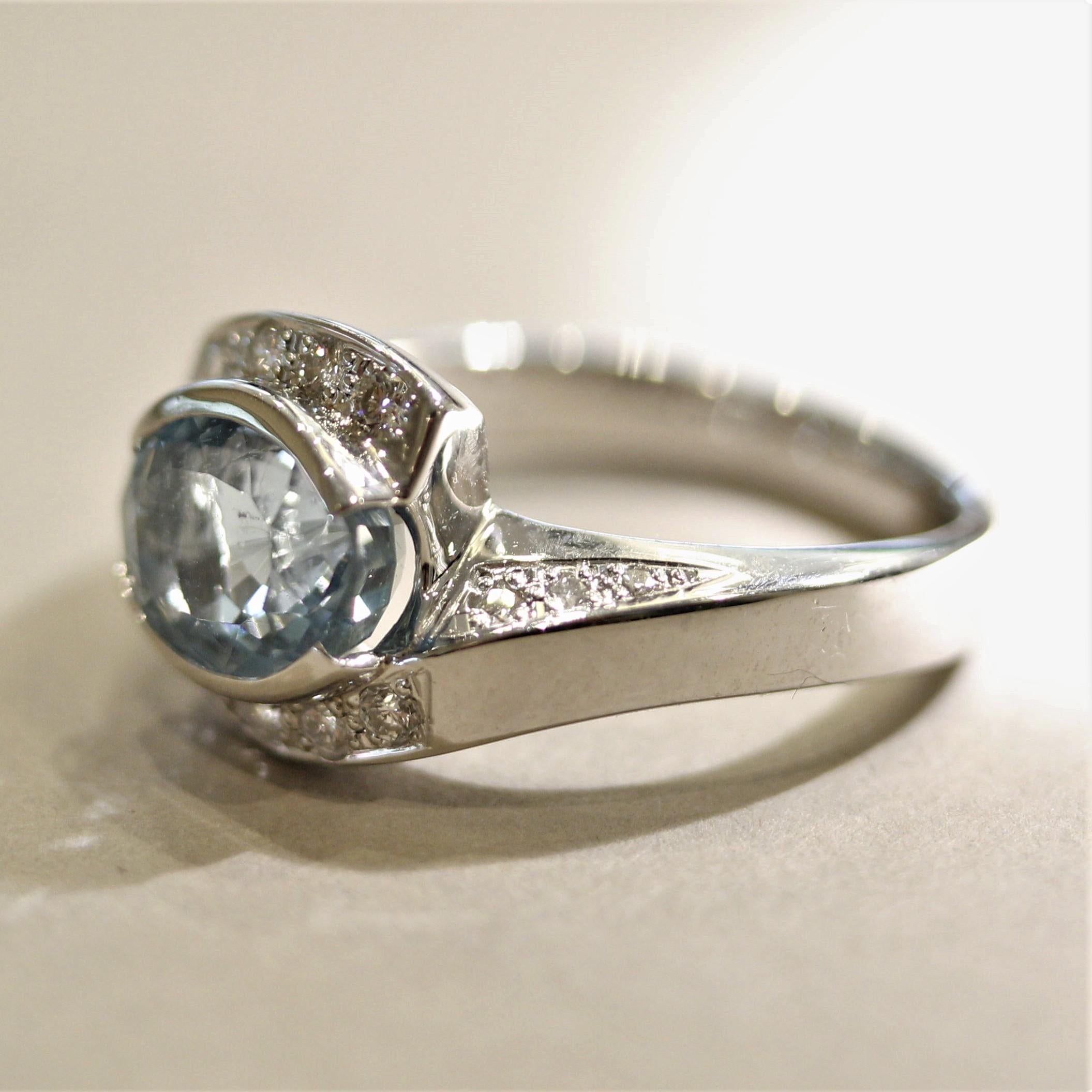 Oval Cut Aquamarine Diamond Platinum Ring For Sale