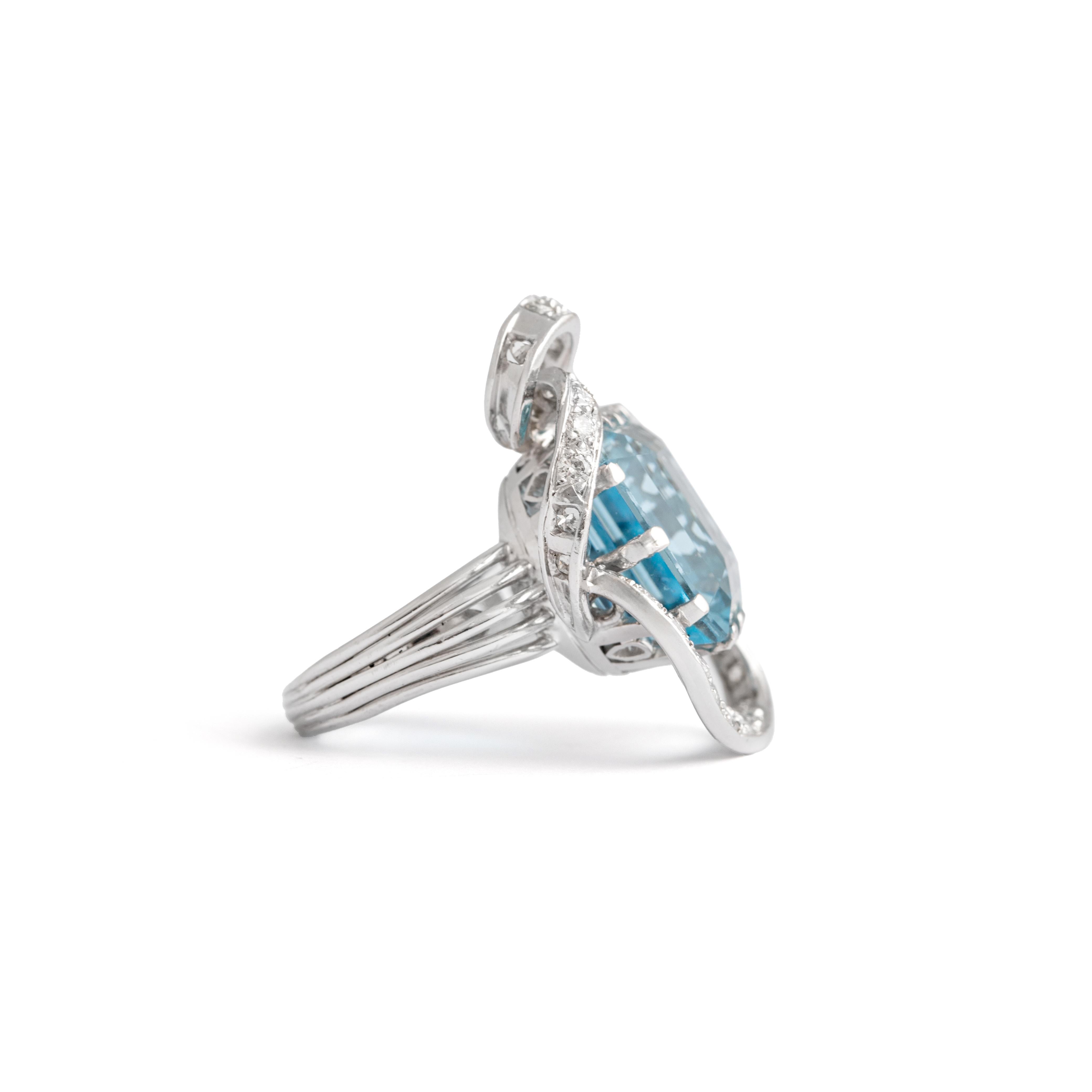 Square Cut Aquamarine Diamond Platinum Ring For Sale