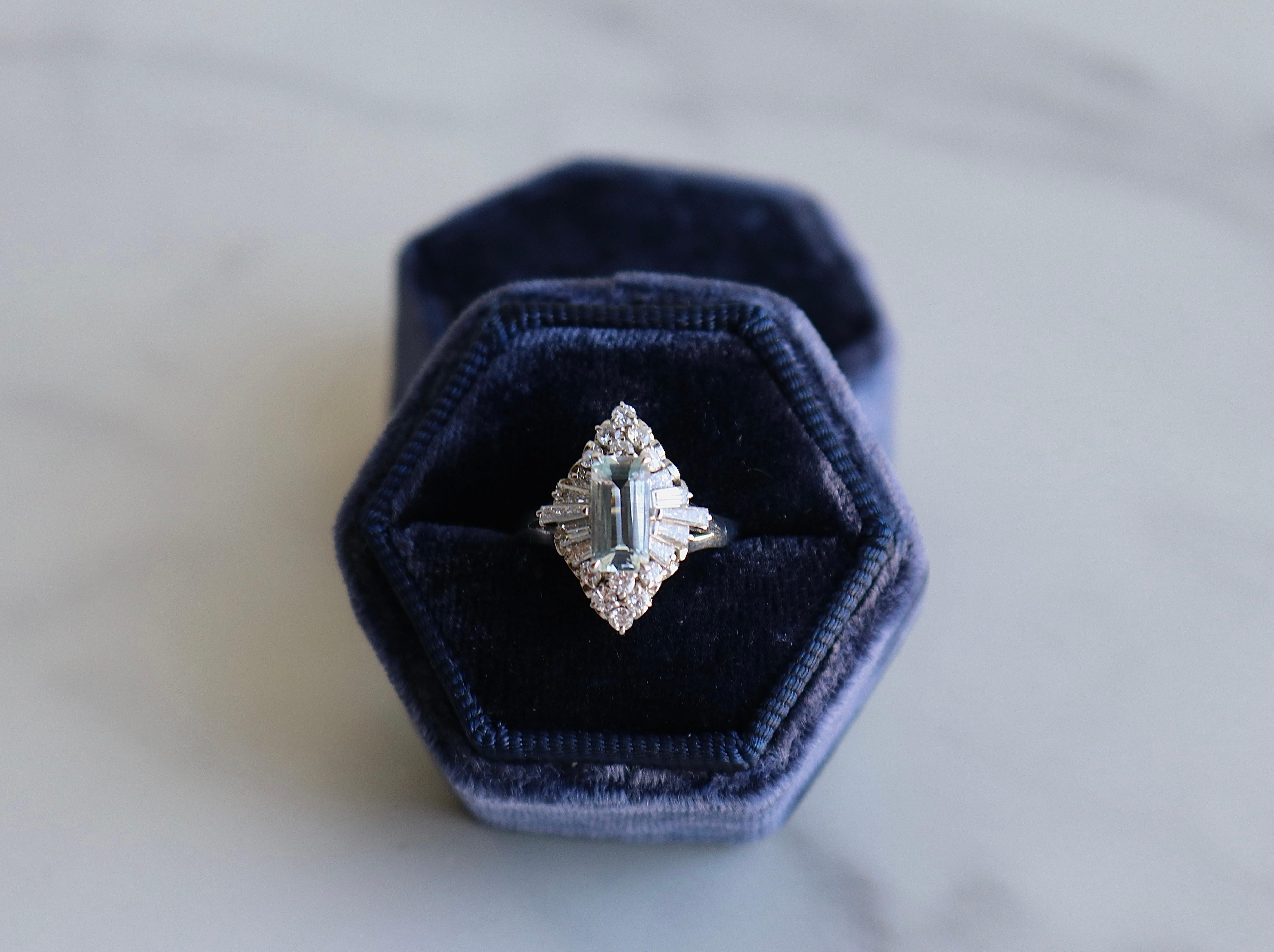 Women's or Men's Aquamarine Diamond Platinum Ring