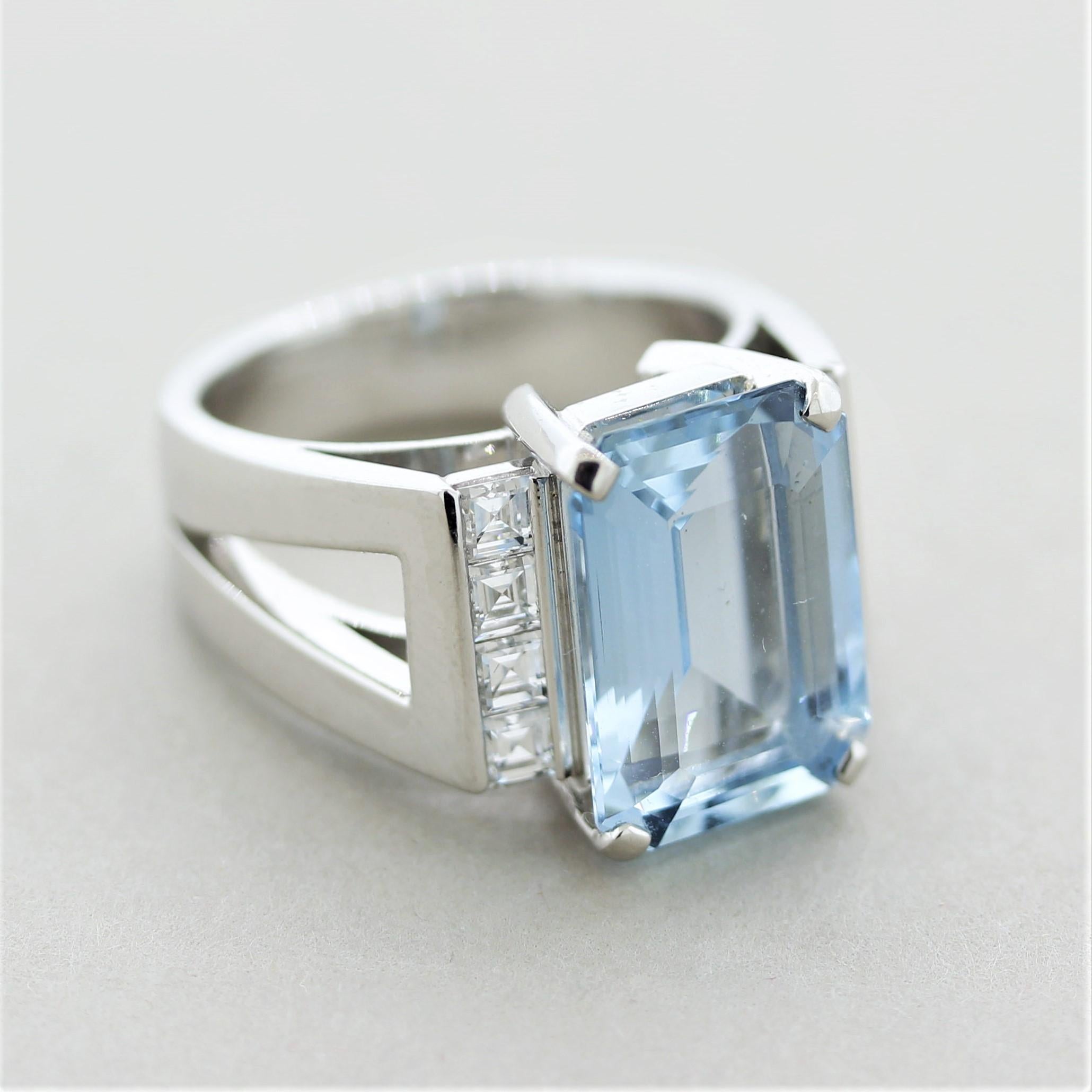 Aquamarine Diamond Platinum Ring For Sale 1
